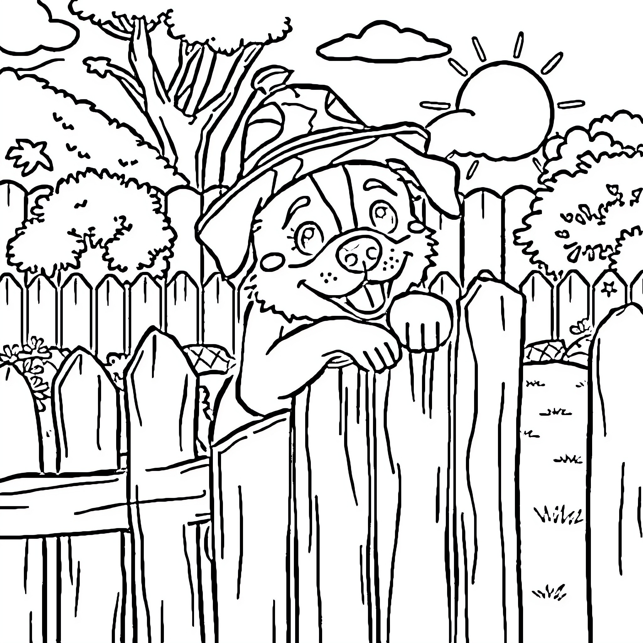Dog peeking through fence in the countryside Coloring Page (free black-and-white line drawing printable PDF for all, from beginners to advanced learners, including children, teens, adults, and seniors)