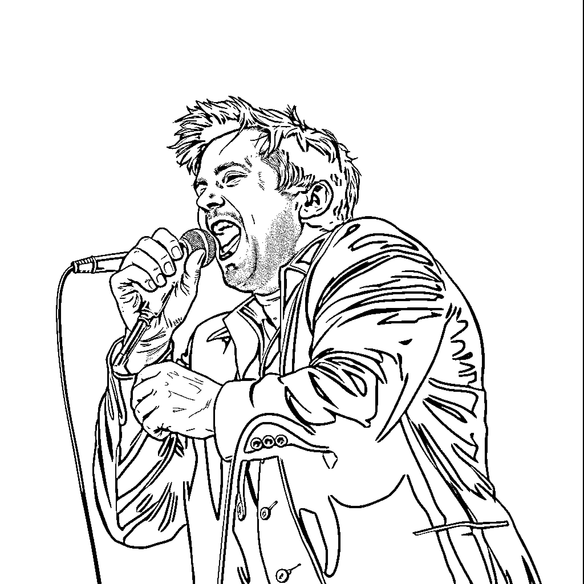 Eric Lapointe performing passionately on stage Coloring Page (free black-and-white line drawing printable PDF for all, from beginners to advanced learners, including children, teens, adults, and seniors)