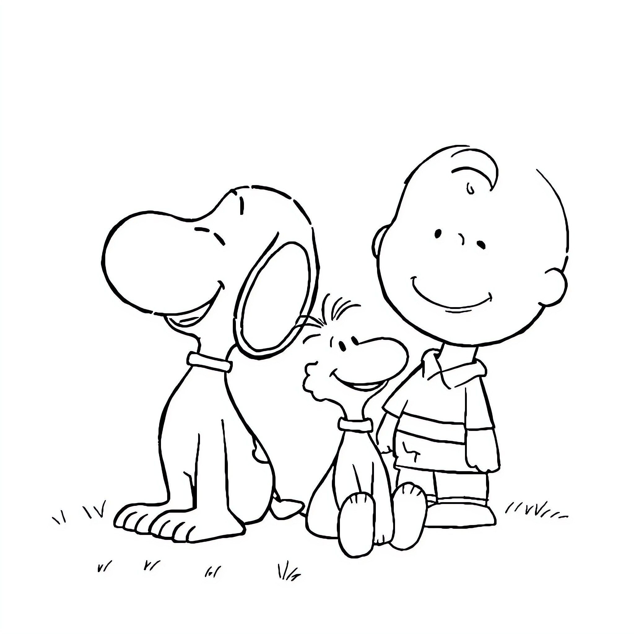 Snoopy and friends in a playful scene Coloring Page (free black-and-white line drawing printable PDF for all, from beginners to advanced learners, including children, teens, adults, and seniors)