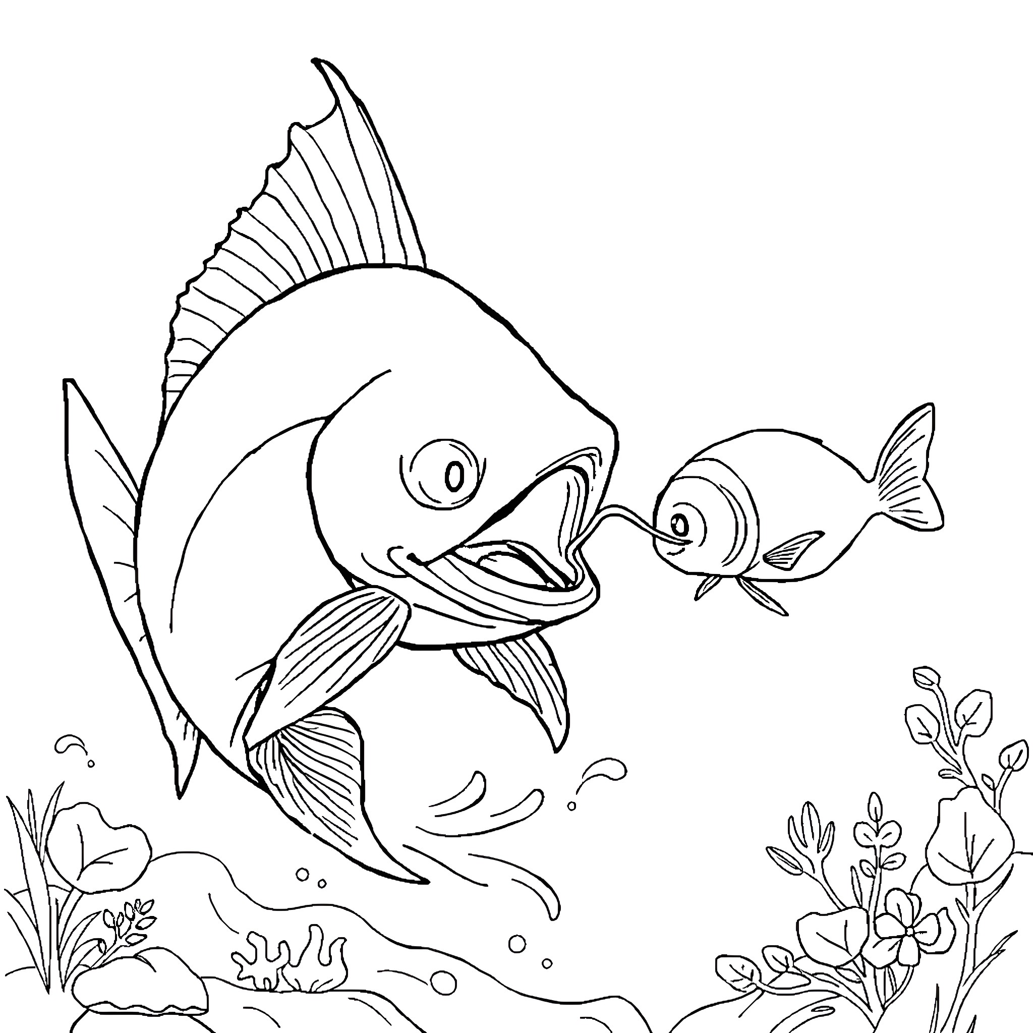 Poisson swimming playfully with underwater plants Coloring Page (free black-and-white line drawing printable PDF for all, from beginners to advanced learners, including children, teens, adults, and seniors)