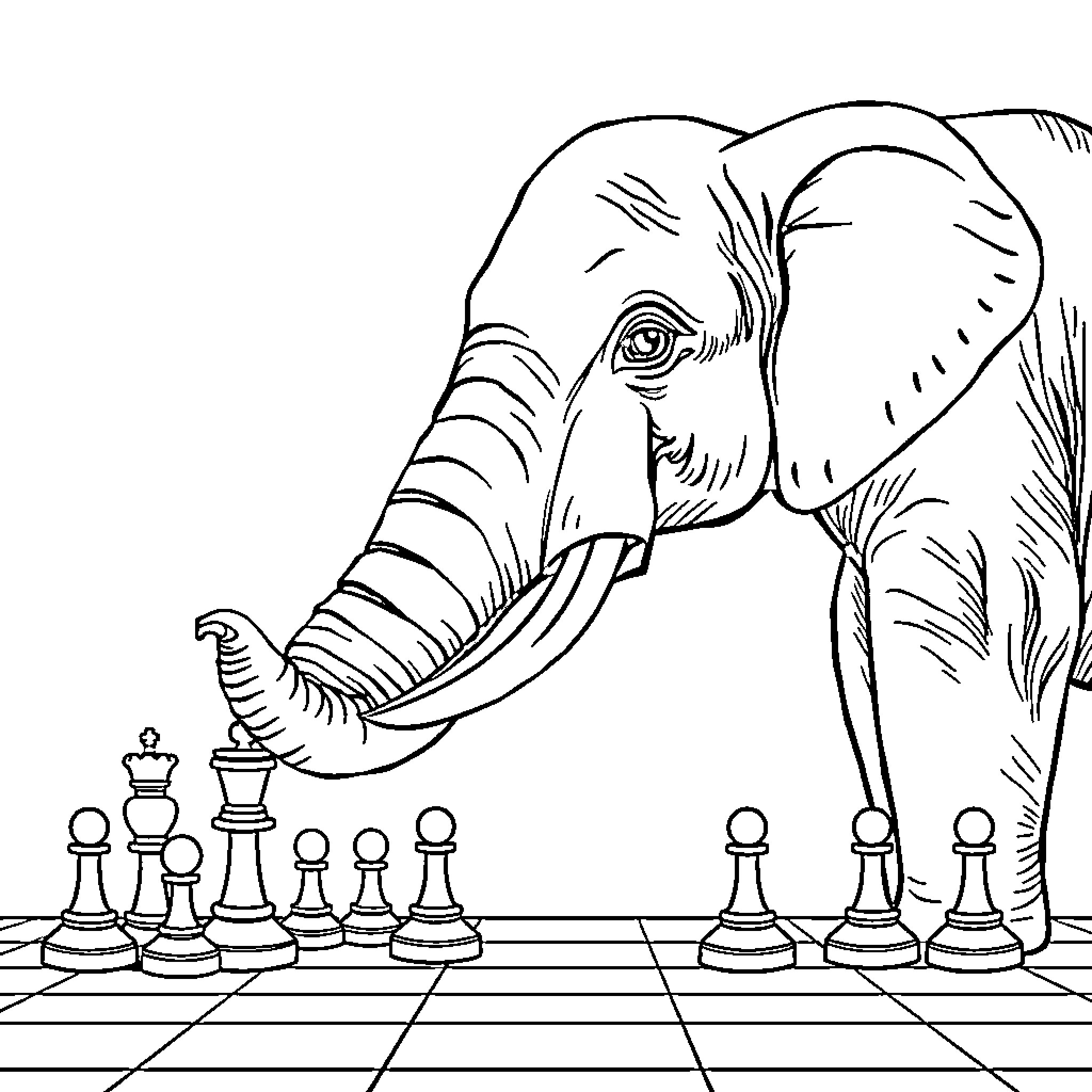 Elephant playing chess on chessboard Coloring Page (free black-and-white line drawing printable PDF for all, from beginners to advanced learners, including children, teens, adults, and seniors)