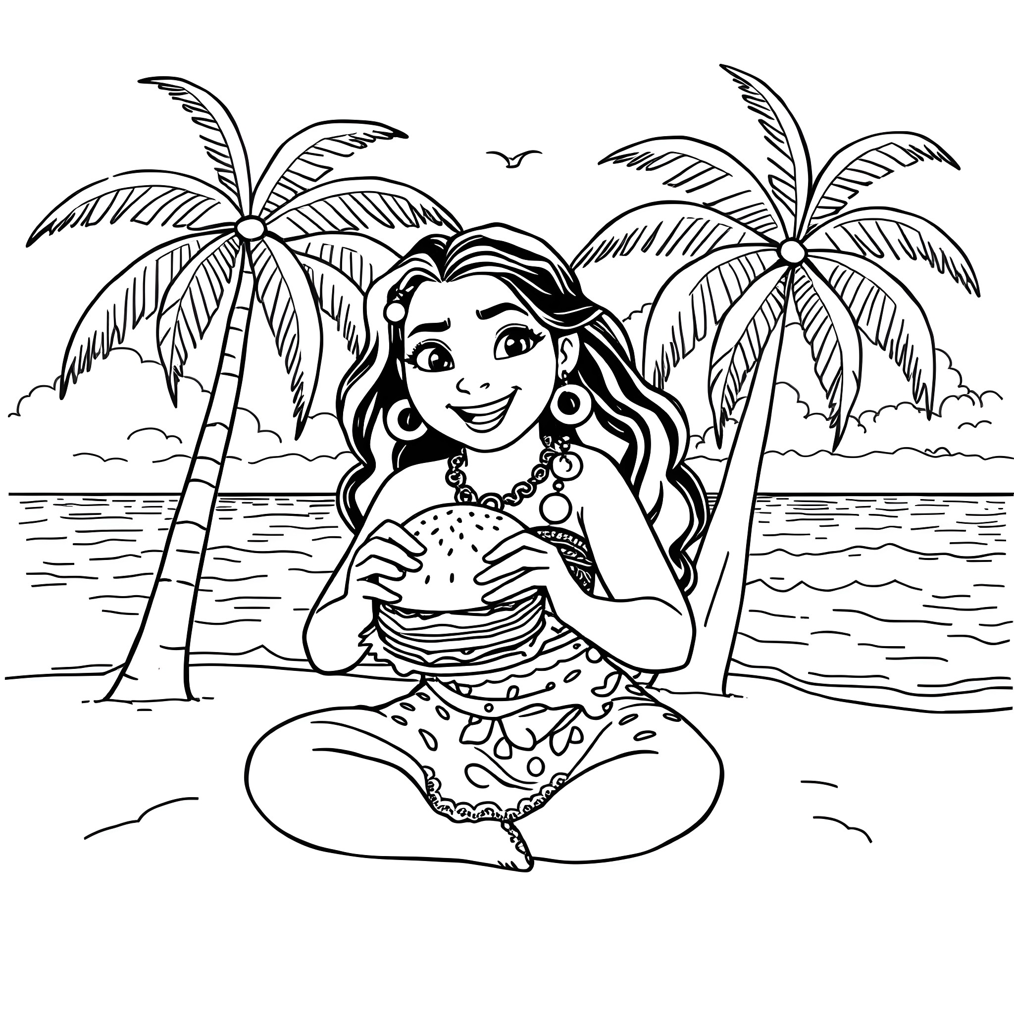 Moana enjoying the beach scenery Coloring Page (free black-and-white line drawing printable PDF for all, from beginners to advanced learners, including children, teens, adults, and seniors)
