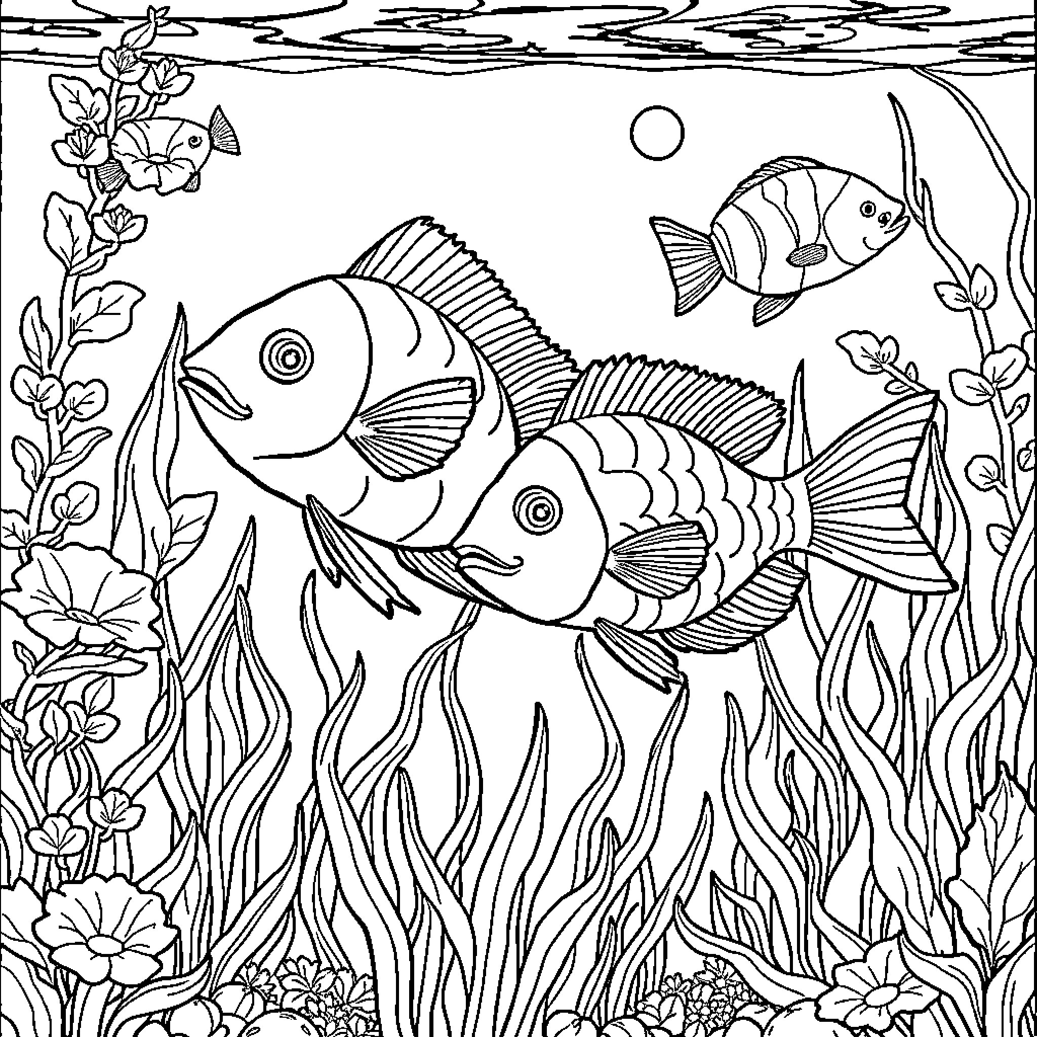 Fish swimming in underwater garden Coloring Page (free black-and-white line drawing printable PDF for all, from beginners to advanced learners, including children, teens, adults, and seniors)