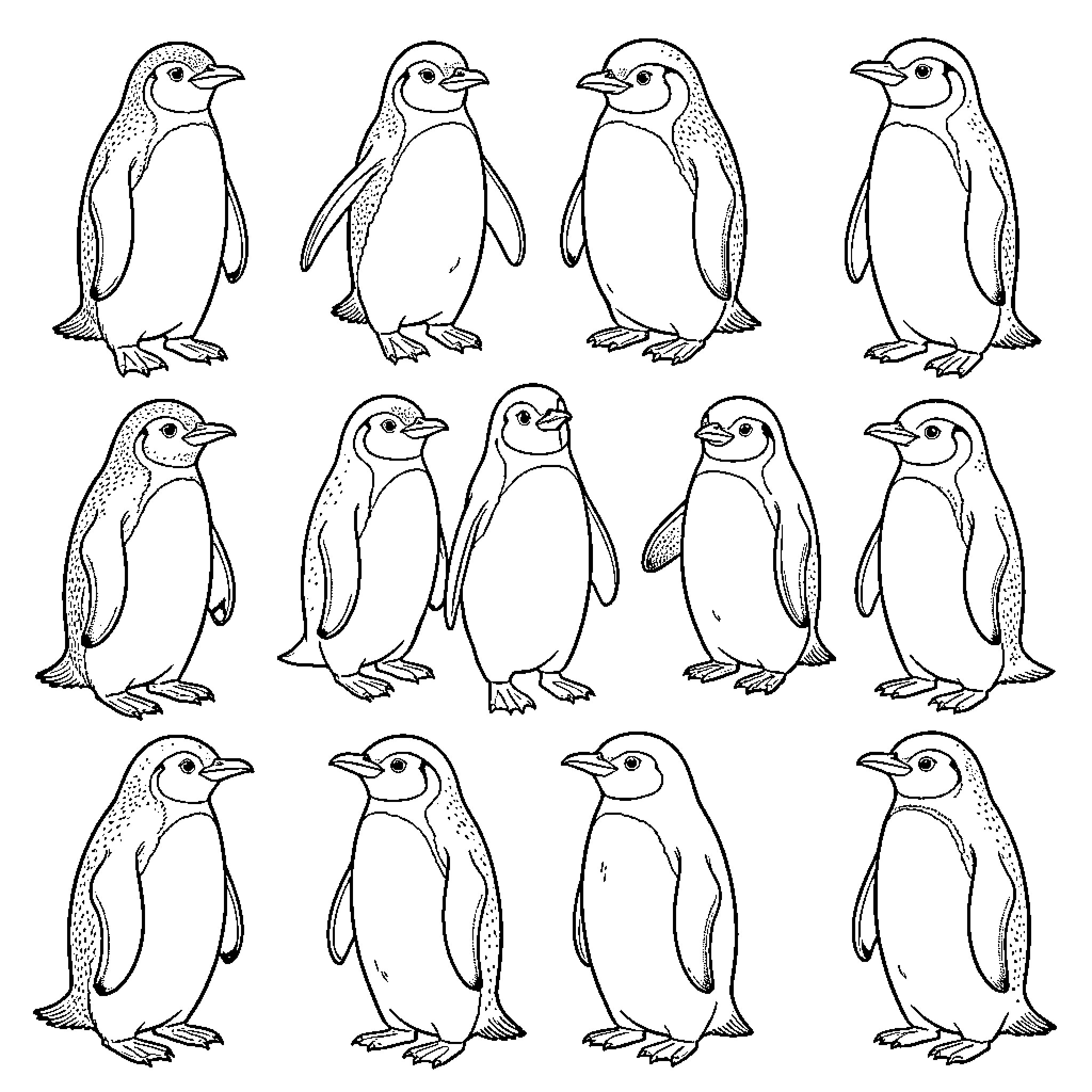 Penguin figures in various poses Coloring Page (free black-and-white line drawing printable PDF for all, from beginners to advanced learners, including children, teens, adults, and seniors)