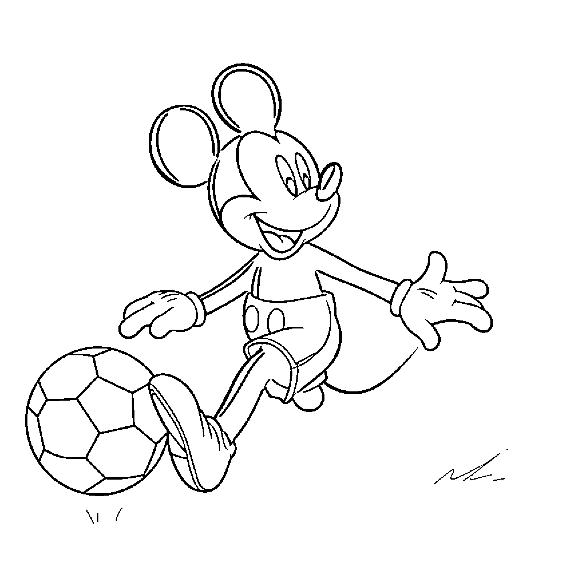 Mickey Mouse playing with soccer ball Coloring Page (free black-and-white line drawing printable PDF for all, from beginners to advanced learners, including children, teens, adults, and seniors)