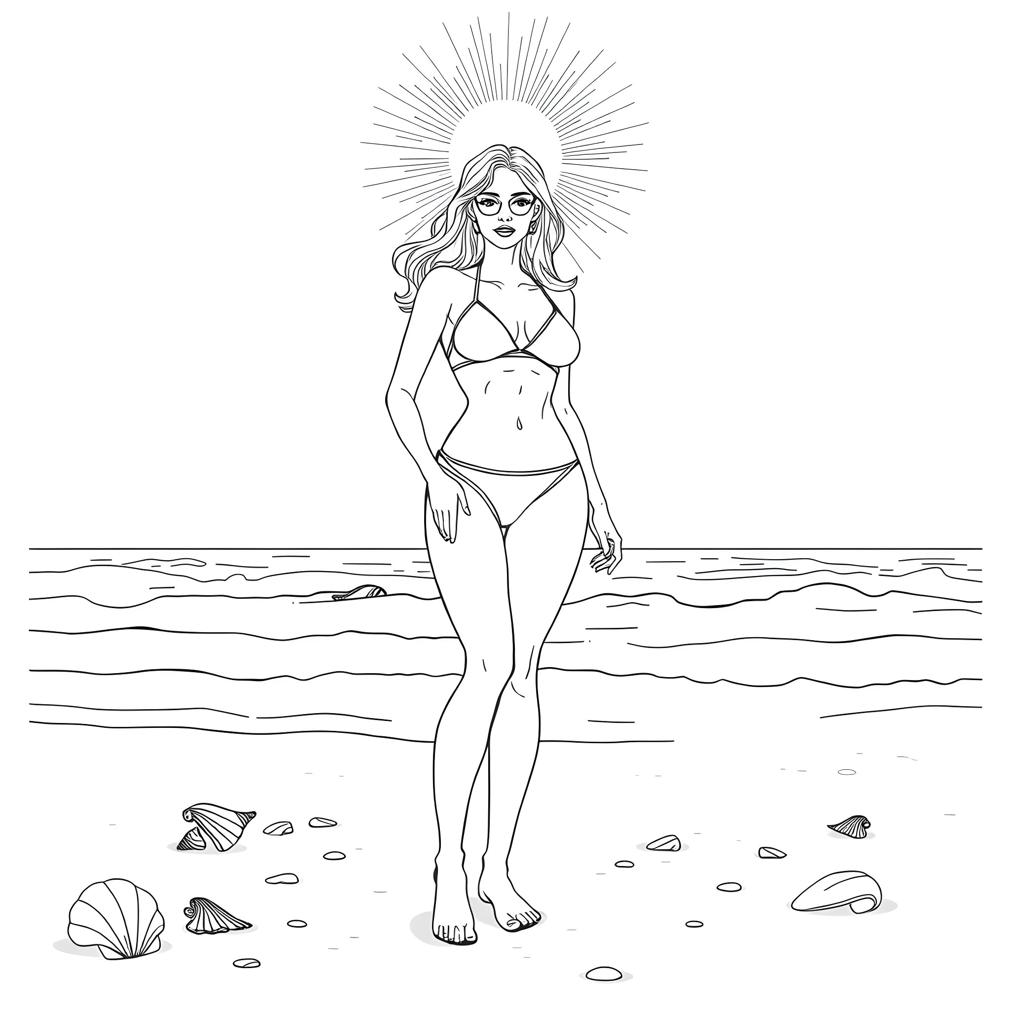 Woman posing confidently on the beach Coloring Page (free black-and-white line drawing printable PDF for all, from beginners to advanced learners, including children, teens, adults, and seniors)