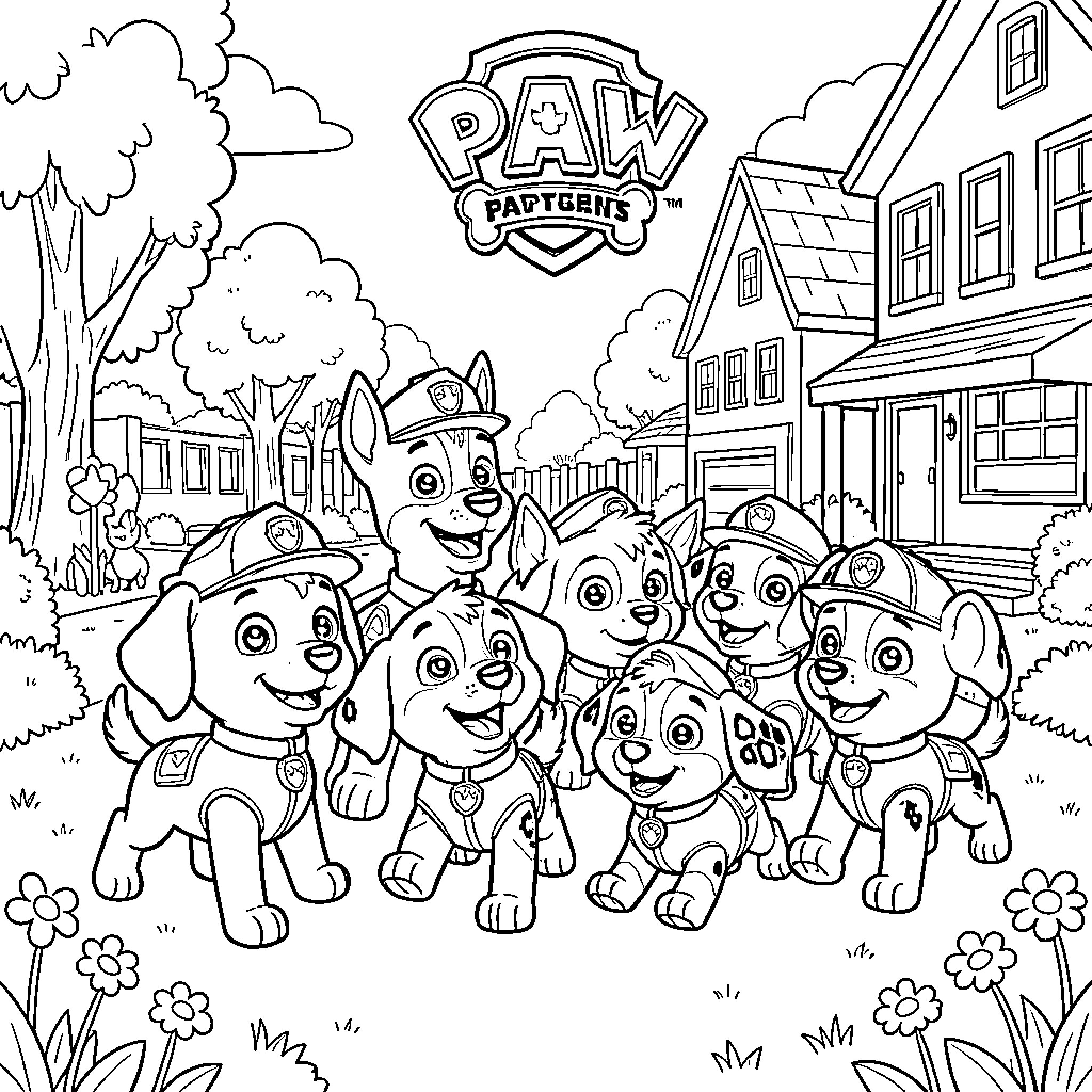 Paw Patrol pups smiling together in a neighborhood scene Coloring Page (free black-and-white line drawing printable PDF for all, from beginners to advanced learners, including children, teens, adults, and seniors)