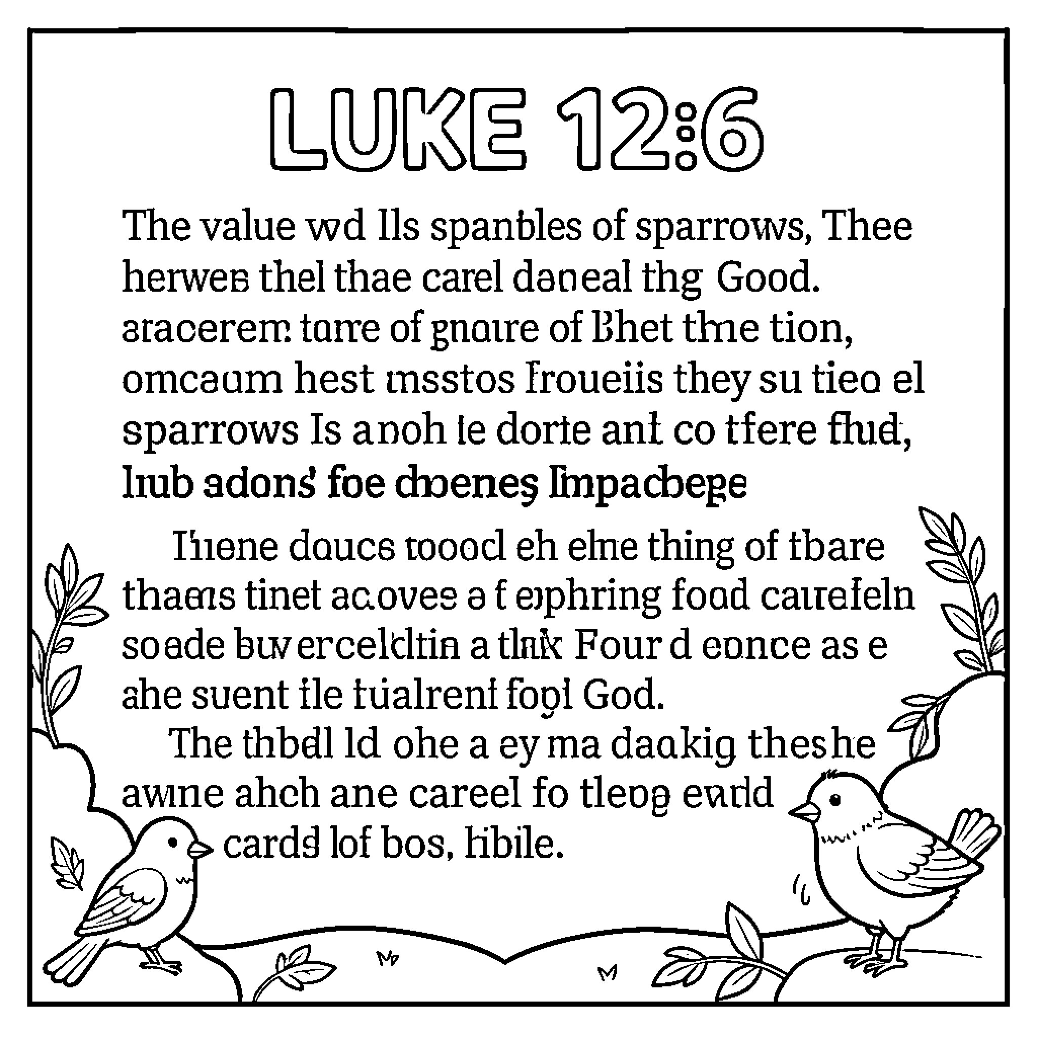 Bible verse with small birds on leafy branches Coloring Page (free black-and-white line drawing printable PDF for all, from beginners to advanced learners, including children, teens, adults, and seniors)