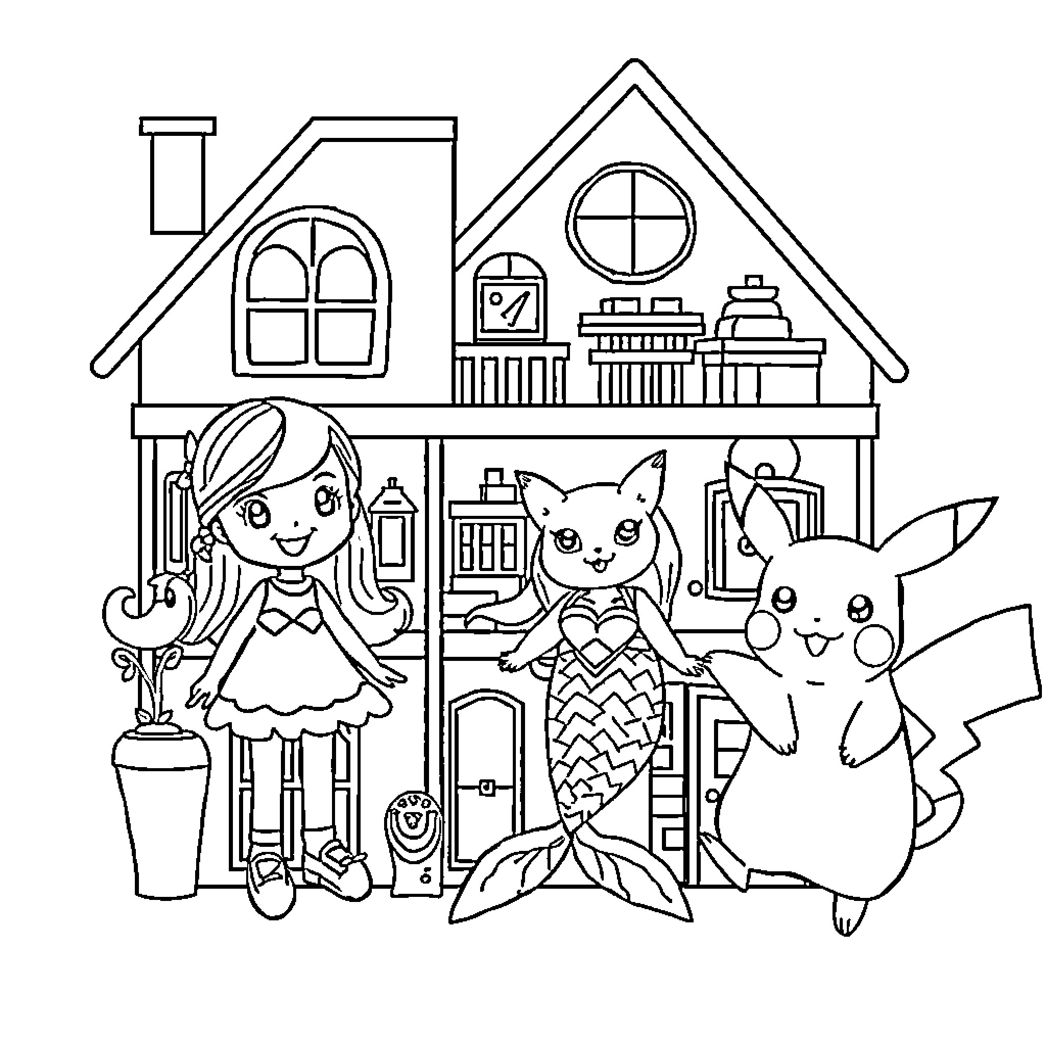 Dollhouse with imaginative characters and creatures Coloring Page (free black-and-white line drawing printable PDF for all, from beginners to advanced learners, including children, teens, adults, and seniors)