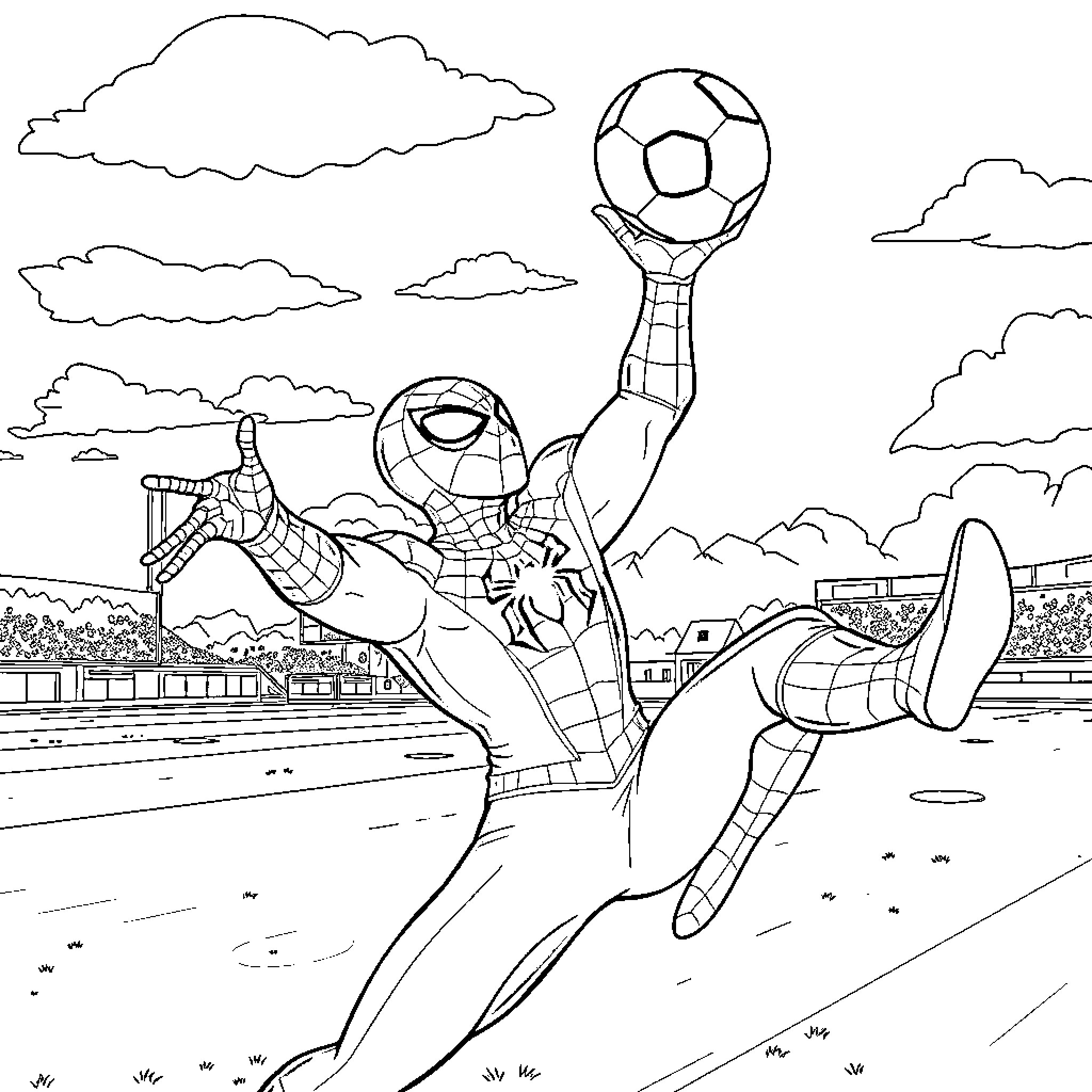 Spiderman playing soccer with a superhero twist Coloring Page (free black-and-white line drawing printable PDF for all, from beginners to advanced learners, including children, teens, adults, and seniors)