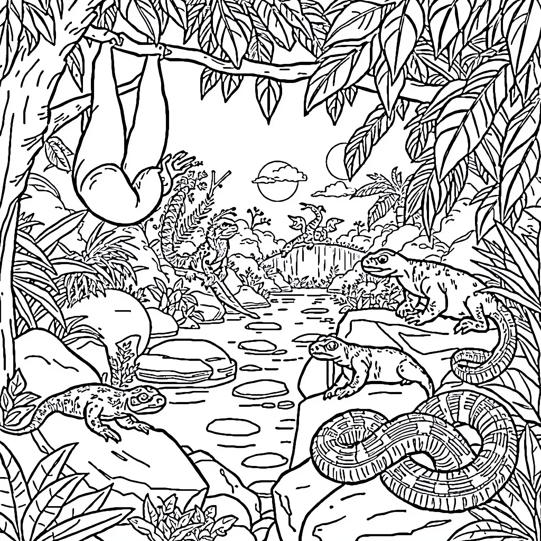 Sloth lazily hanging in the lush jungle habitat Coloring Page (free black-and-white line drawing printable PDF for all, from beginners to advanced learners, including children, teens, adults, and seniors)
