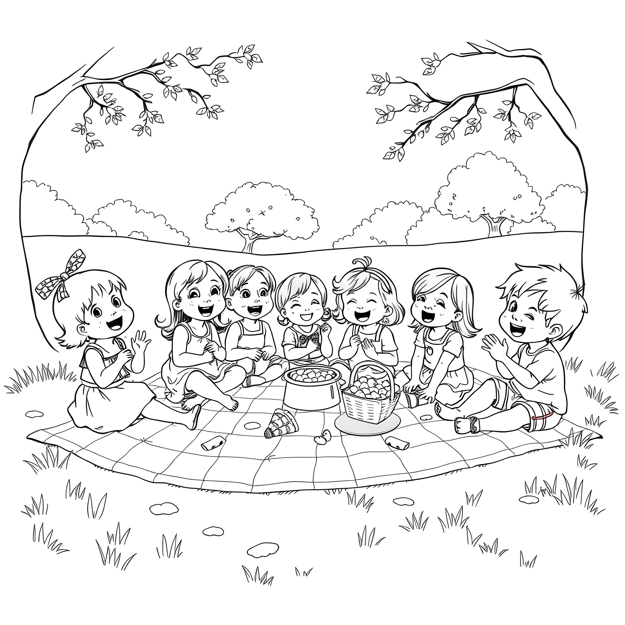 Toddlers enjoying a picnic in the park Coloring Page (free black-and-white line drawing printable PDF for all, from beginners to advanced learners, including children, teens, adults, and seniors)