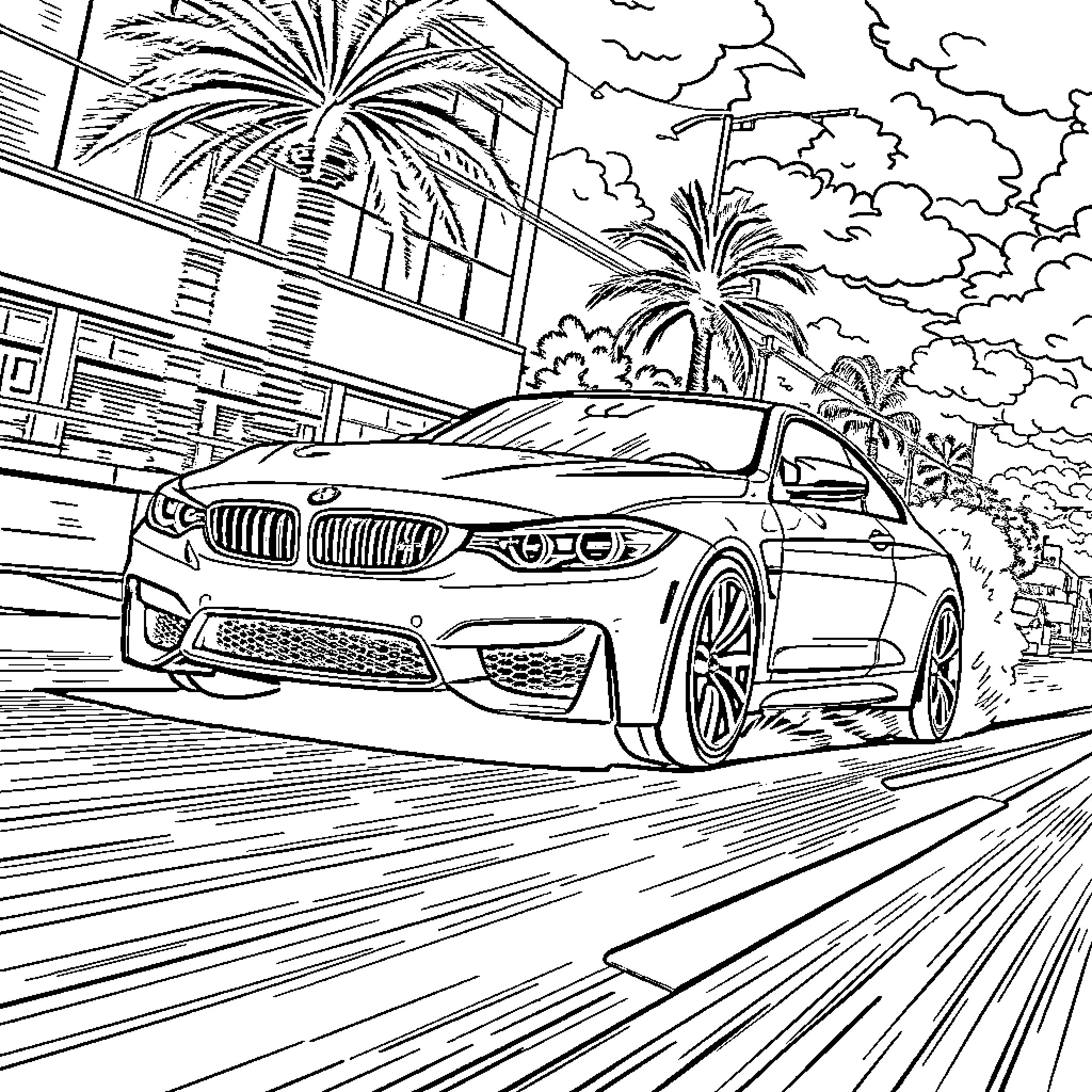 BMW M4 driving fast through a tropical city street Coloring Page (free black-and-white line drawing printable PDF for all, from beginners to advanced learners, including children, teens, adults, and seniors)