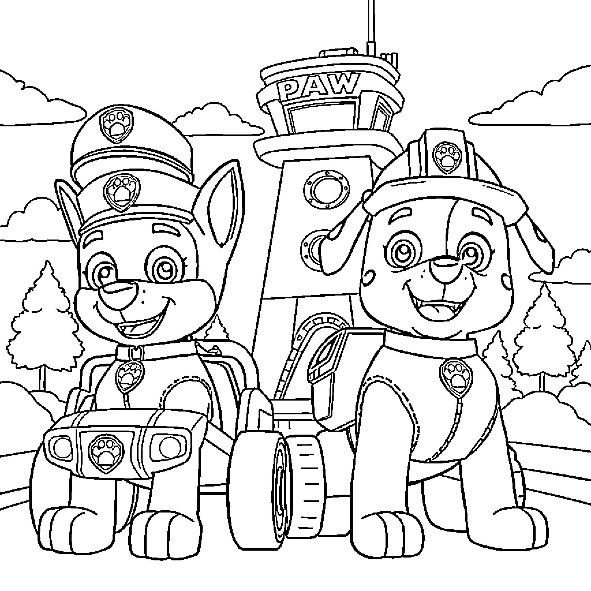 Paw Patrol Characters in Action at the Airport Coloring Page (free black-and-white line drawing printable PDF for all, from beginners to advanced learners, including children, teens, adults, and seniors)
