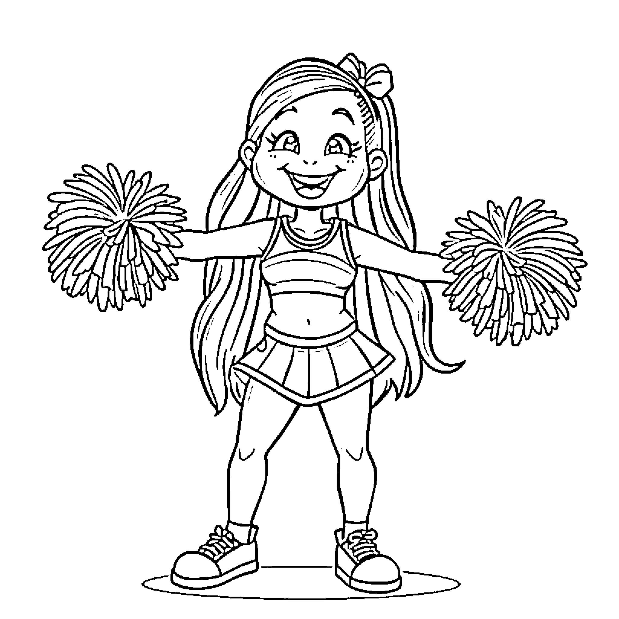 Bluey the Cheerful Girl with Pom-Poms Coloring Page (free black-and-white line drawing printable PDF for all, from beginners to advanced learners, including children, teens, adults, and seniors)