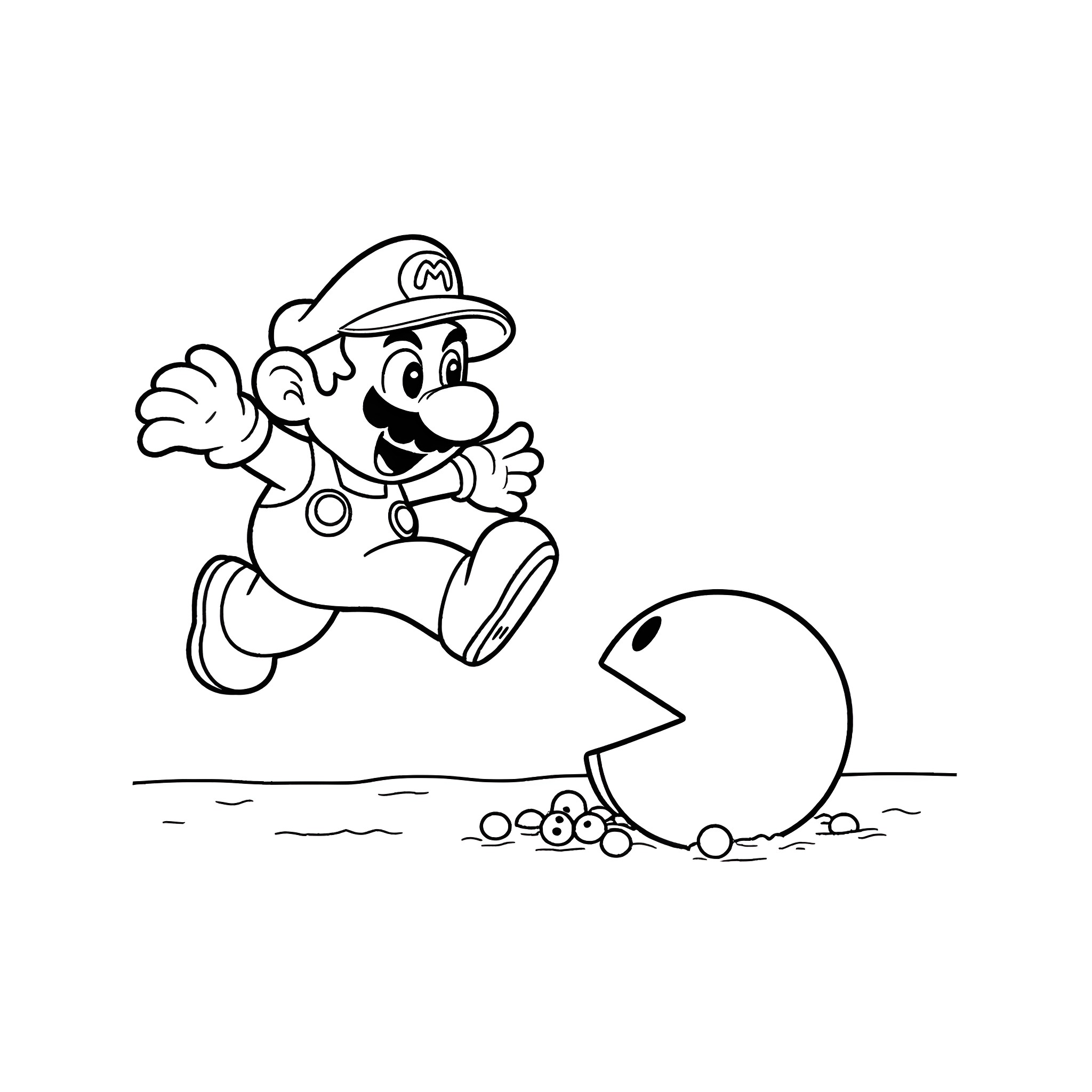 Super Mario chasing after a Pac-Man character Coloring Page (free black-and-white line drawing printable PDF for all, from beginners to advanced learners, including children, teens, adults, and seniors)