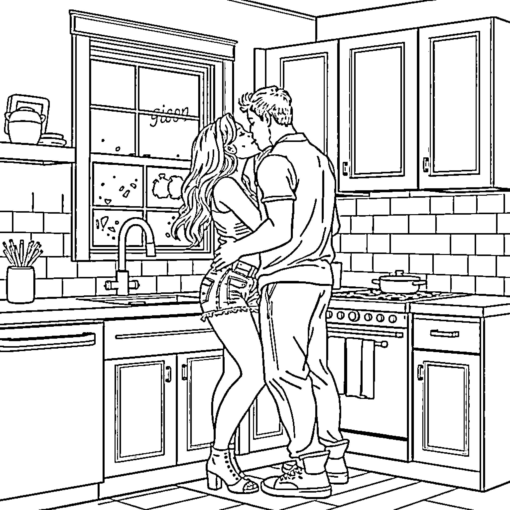 Couple embracing in the kitchen Coloring Page (free black-and-white line drawing printable PDF for all, from beginners to advanced learners, including children, teens, adults, and seniors)