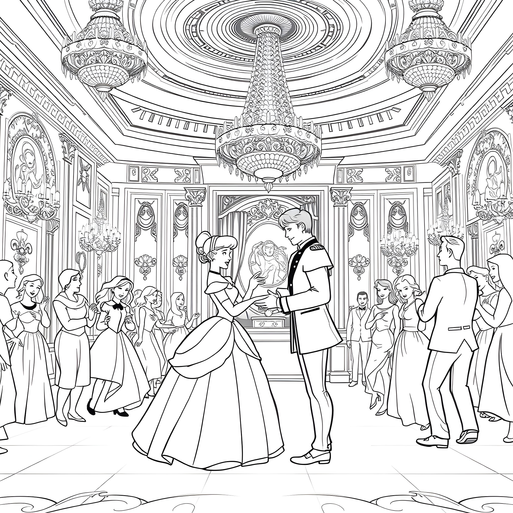Cinderella's magical ball in a grand palace ballroom Coloring Page (free black-and-white line drawing printable PDF for all, from beginners to advanced learners, including children, teens, adults, and seniors)