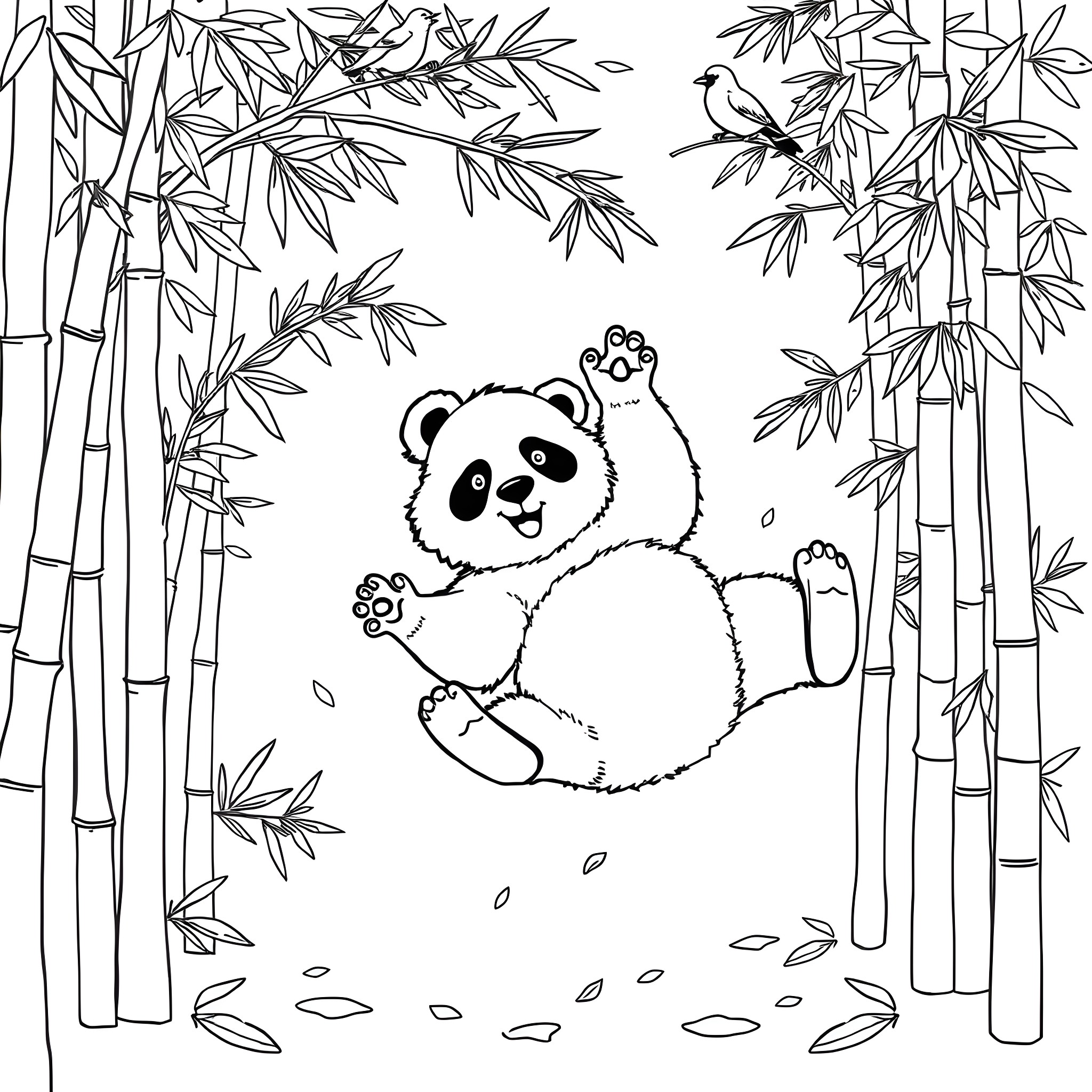 Panda playing happily in the bamboo forest Coloring Page (free black-and-white line drawing printable PDF for all, from beginners to advanced learners, including children, teens, adults, and seniors)