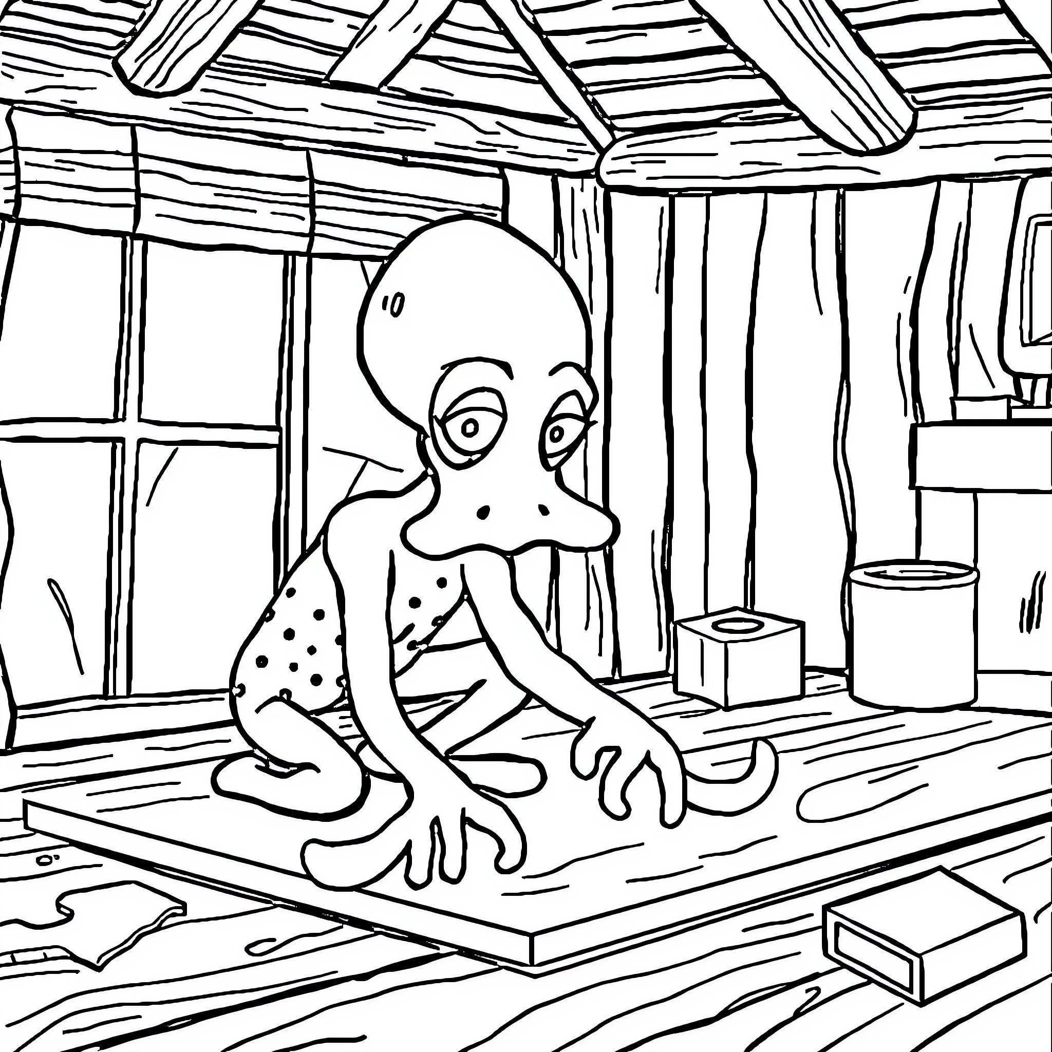 Squidward's Unusual Day in His Wooden House Coloring Page (free black-and-white line drawing printable PDF for all, from beginners to advanced learners, including children, teens, adults, and seniors)