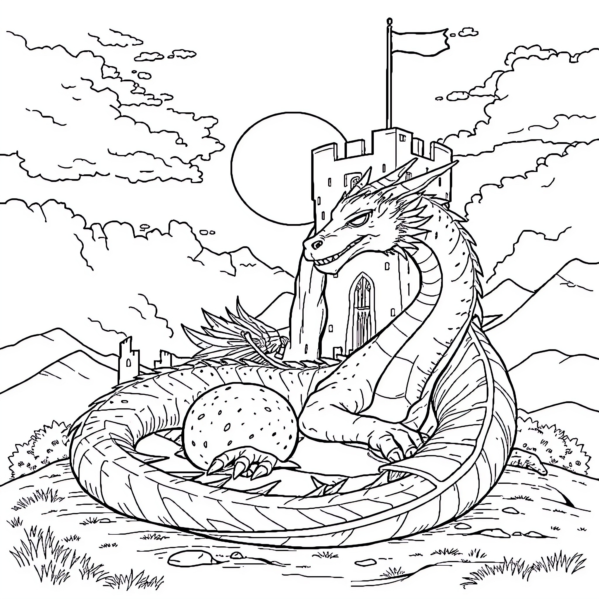 Dragon guarding a castle in the moonlight Coloring Page (free black-and-white line drawing printable PDF for all, from beginners to advanced learners, including children, teens, adults, and seniors)