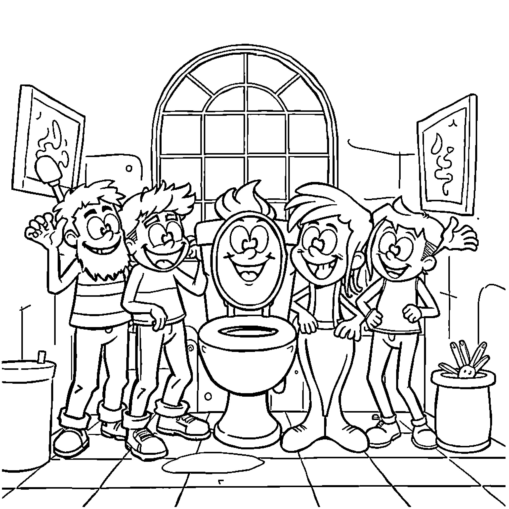 Skibidi Toilet: Energetic group dancing around a toilet Coloring Page (free black-and-white line drawing printable PDF for all, from beginners to advanced learners, including children, teens, adults, and seniors)