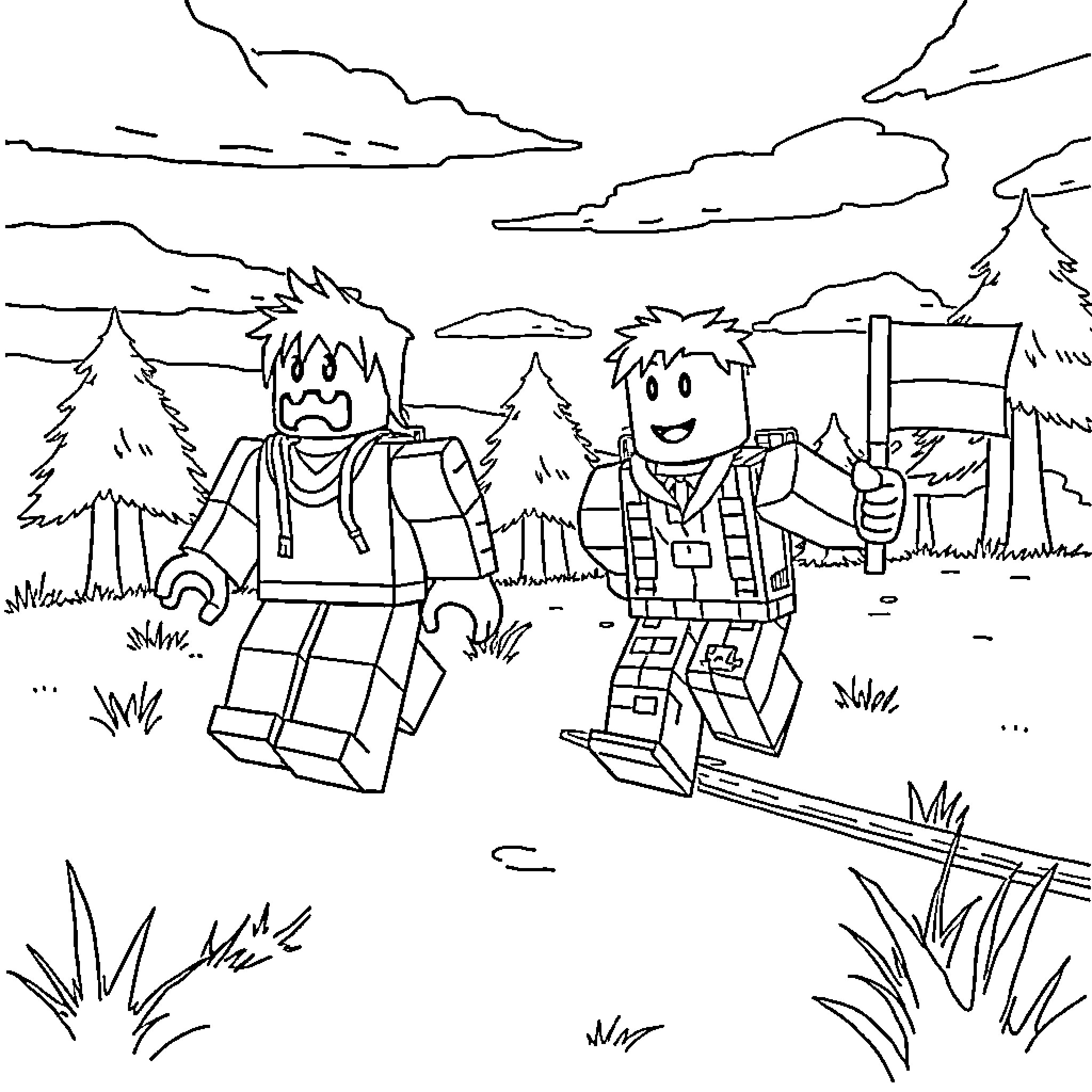 Roblox characters exploring the great outdoors Coloring Page (free black-and-white line drawing printable PDF for all, from beginners to advanced learners, including children, teens, adults, and seniors)