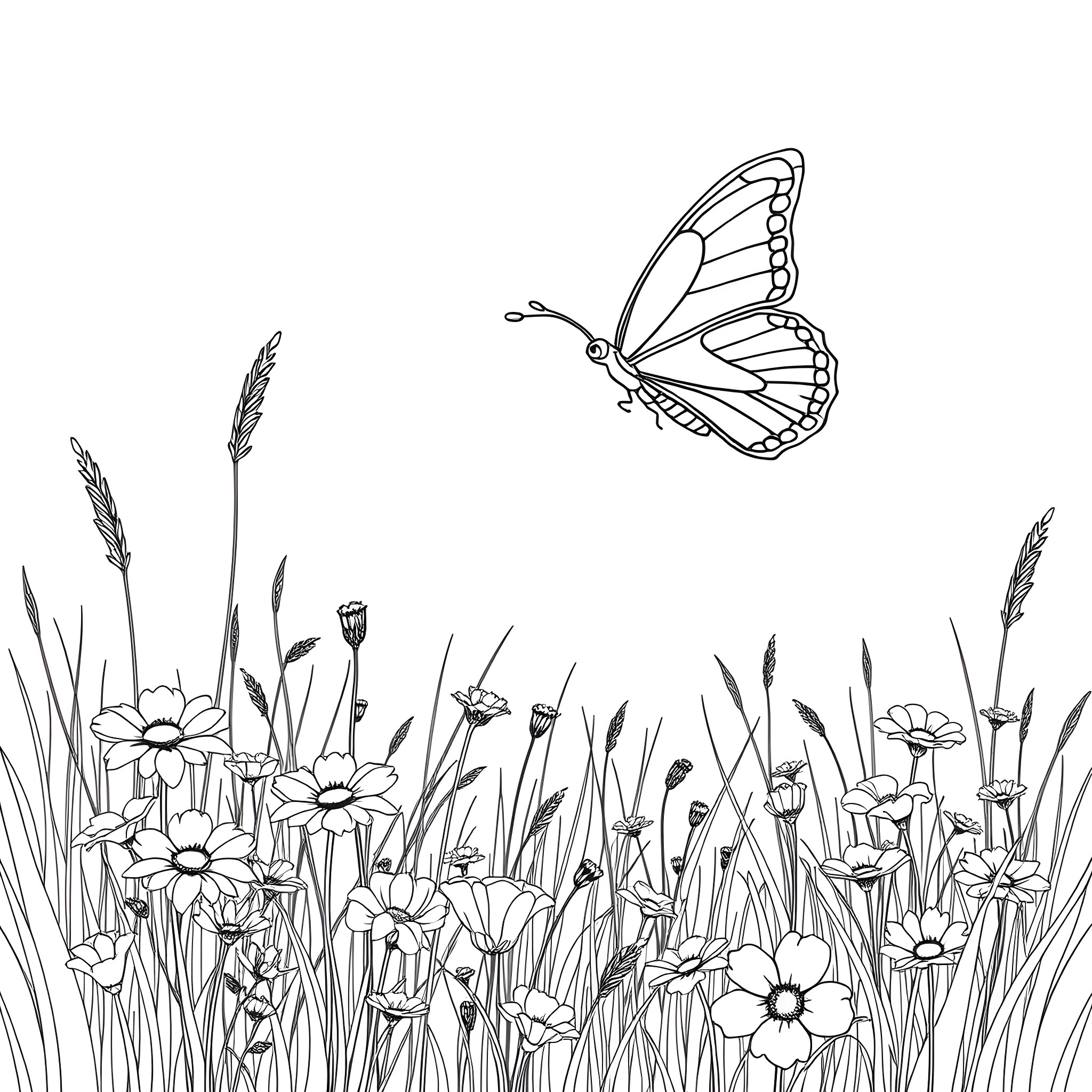 Butterfly flying over a field of flowers Coloring Page (free black-and-white line drawing printable PDF for all, from beginners to advanced learners, including children, teens, adults, and seniors)