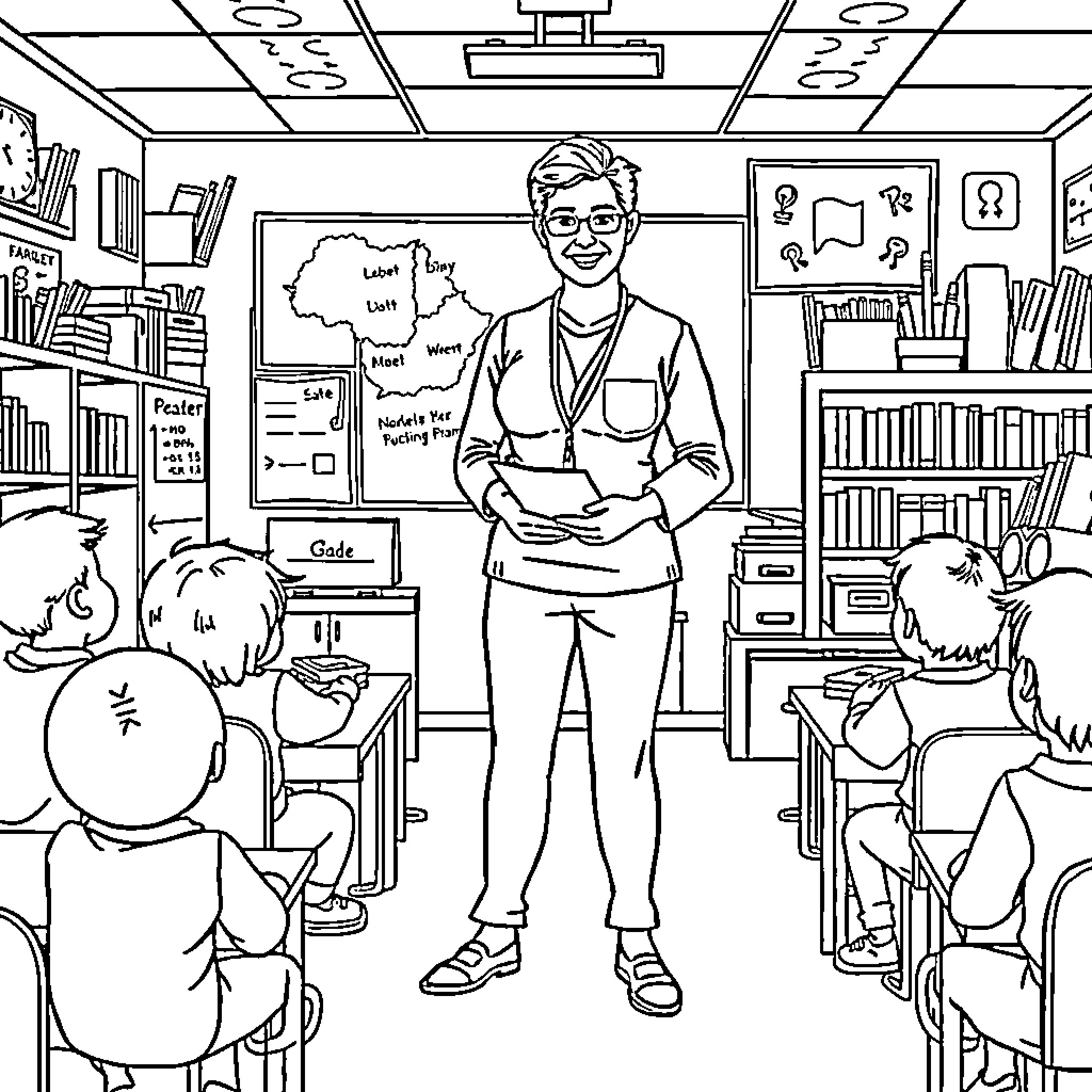 Teacher engaged with students in classroom Coloring Page (free black-and-white line drawing printable PDF for all, from beginners to advanced learners, including children, teens, adults, and seniors)