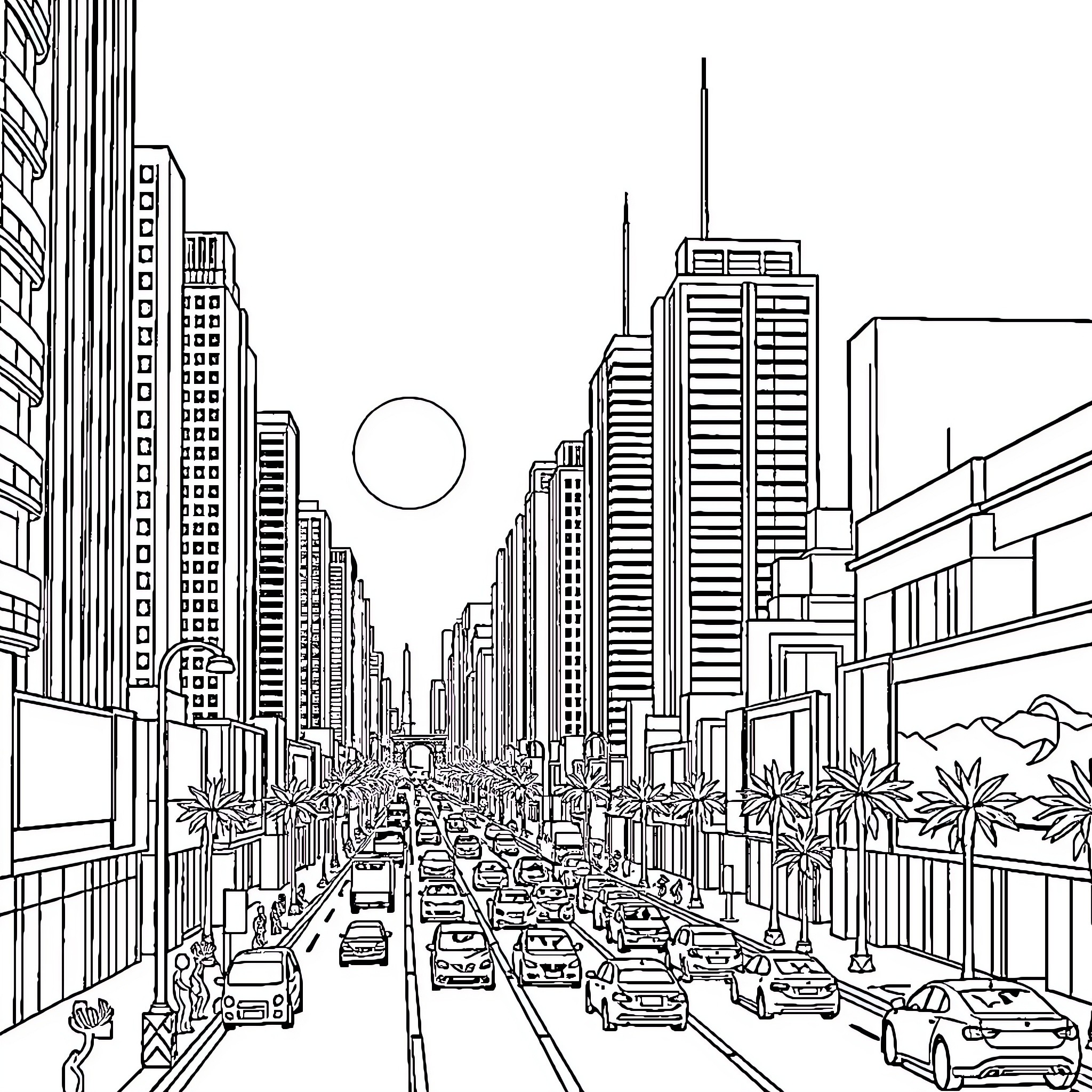 Riyadh's Bustling Cityscape: Skyscrapers and Traffic Coloring Page (free black-and-white line drawing printable PDF for all, from beginners to advanced learners, including children, teens, adults, and seniors)