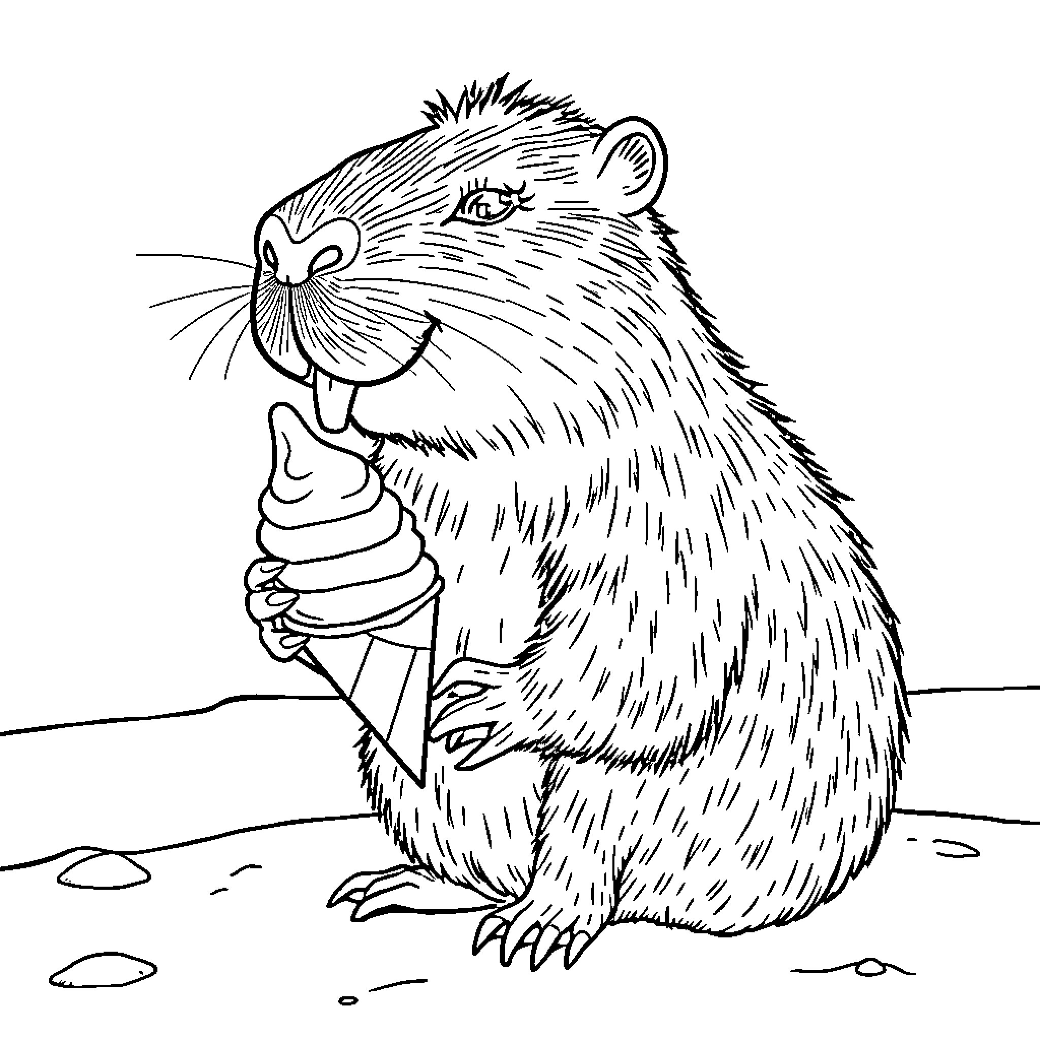 Capybara enjoying an ice cream cone Coloring Page (free black-and-white line drawing printable PDF for all, from beginners to advanced learners, including children, teens, adults, and seniors)