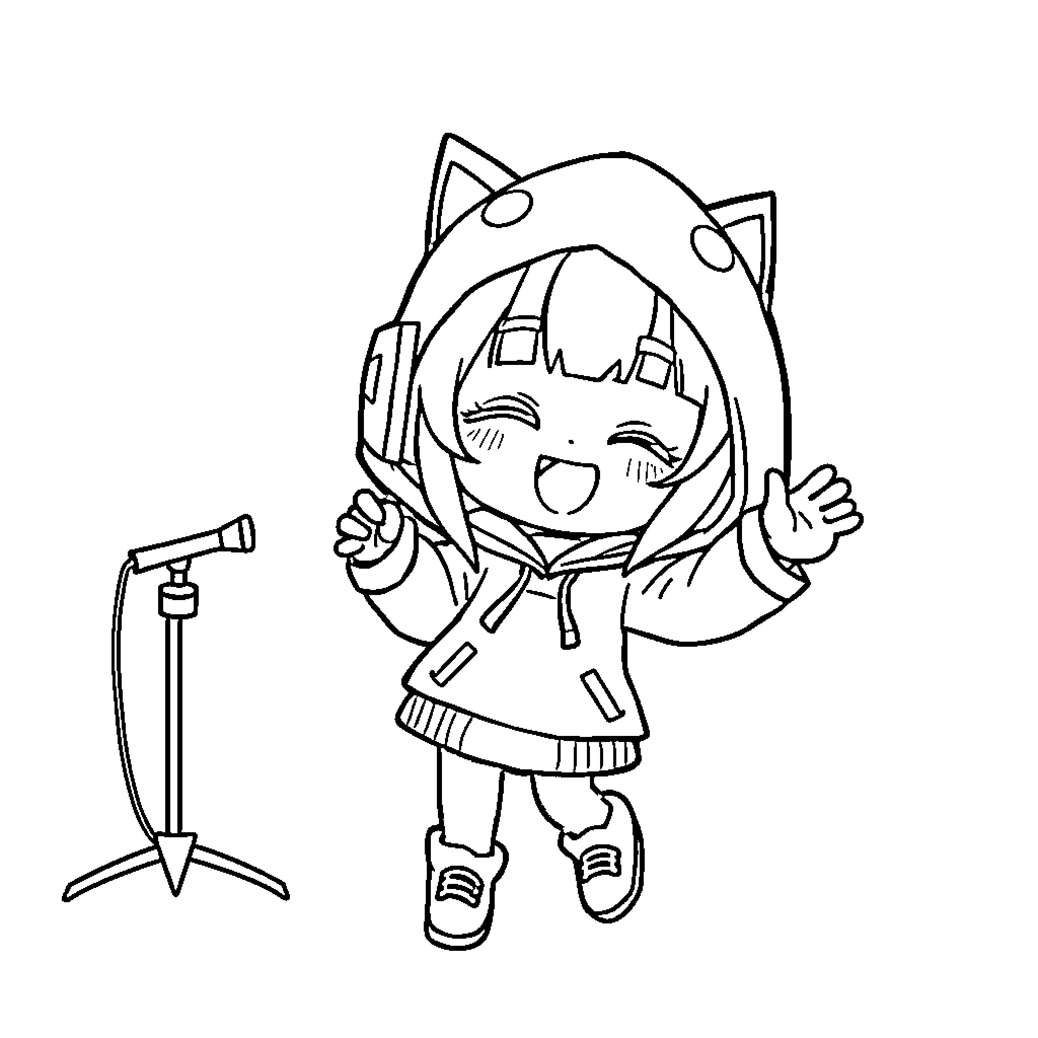 Kuromi joyfully singing into a microphone Coloring Page (free black-and-white line drawing printable PDF for all, from beginners to advanced learners, including children, teens, adults, and seniors)