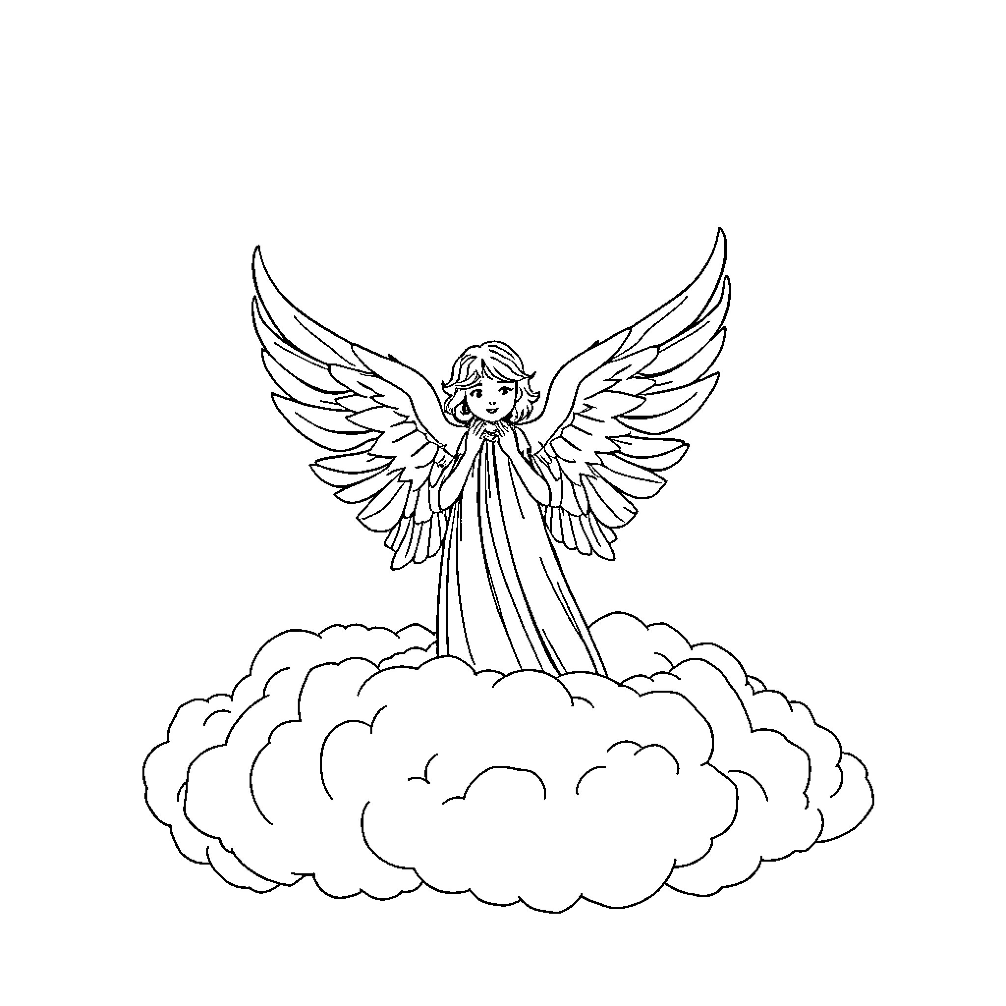 Angel Floating on Clouds with Wings Spread Coloring Page (free black-and-white line drawing printable PDF for all, from beginners to advanced learners, including children, teens, adults, and seniors)