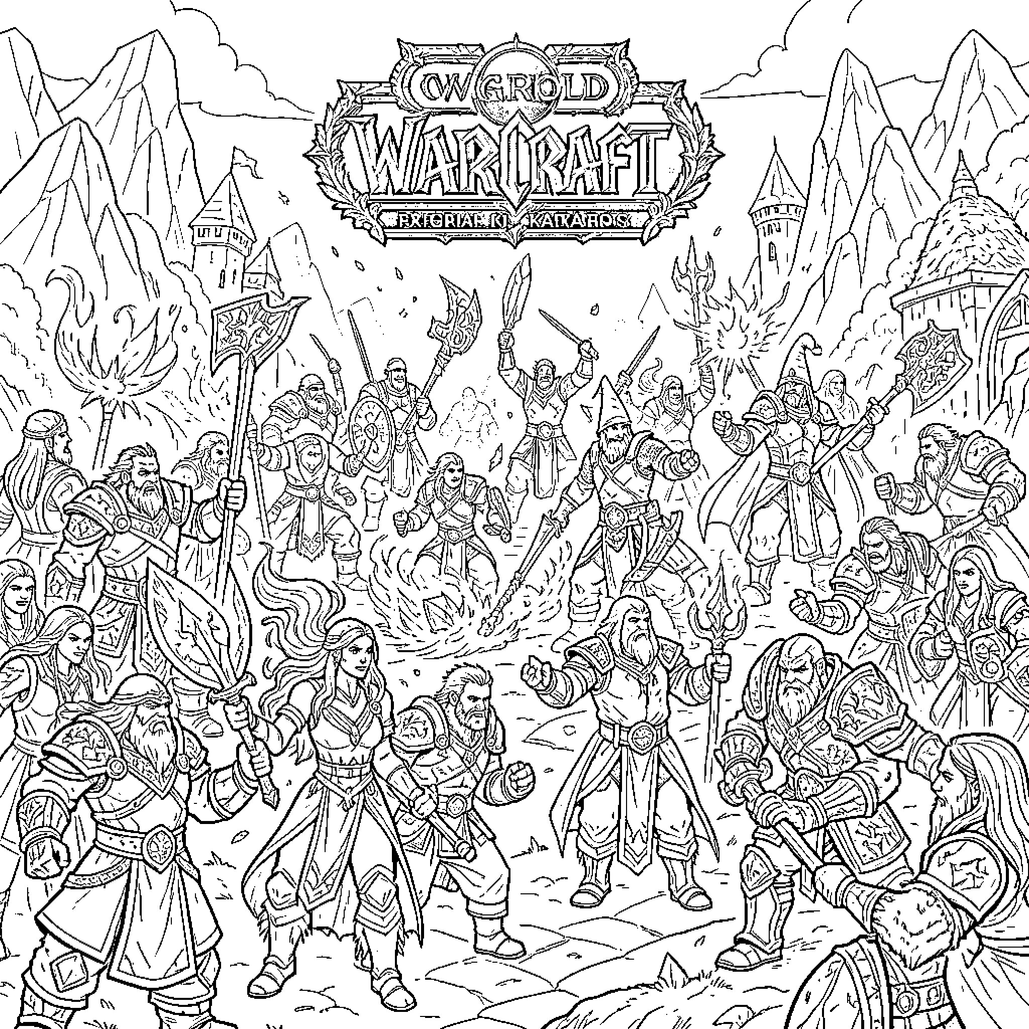 World of Warcraft: Fantastical battle scene with diverse characters Coloring Page (free black-and-white line drawing printable PDF for all, from beginners to advanced learners, including children, teens, adults, and seniors)