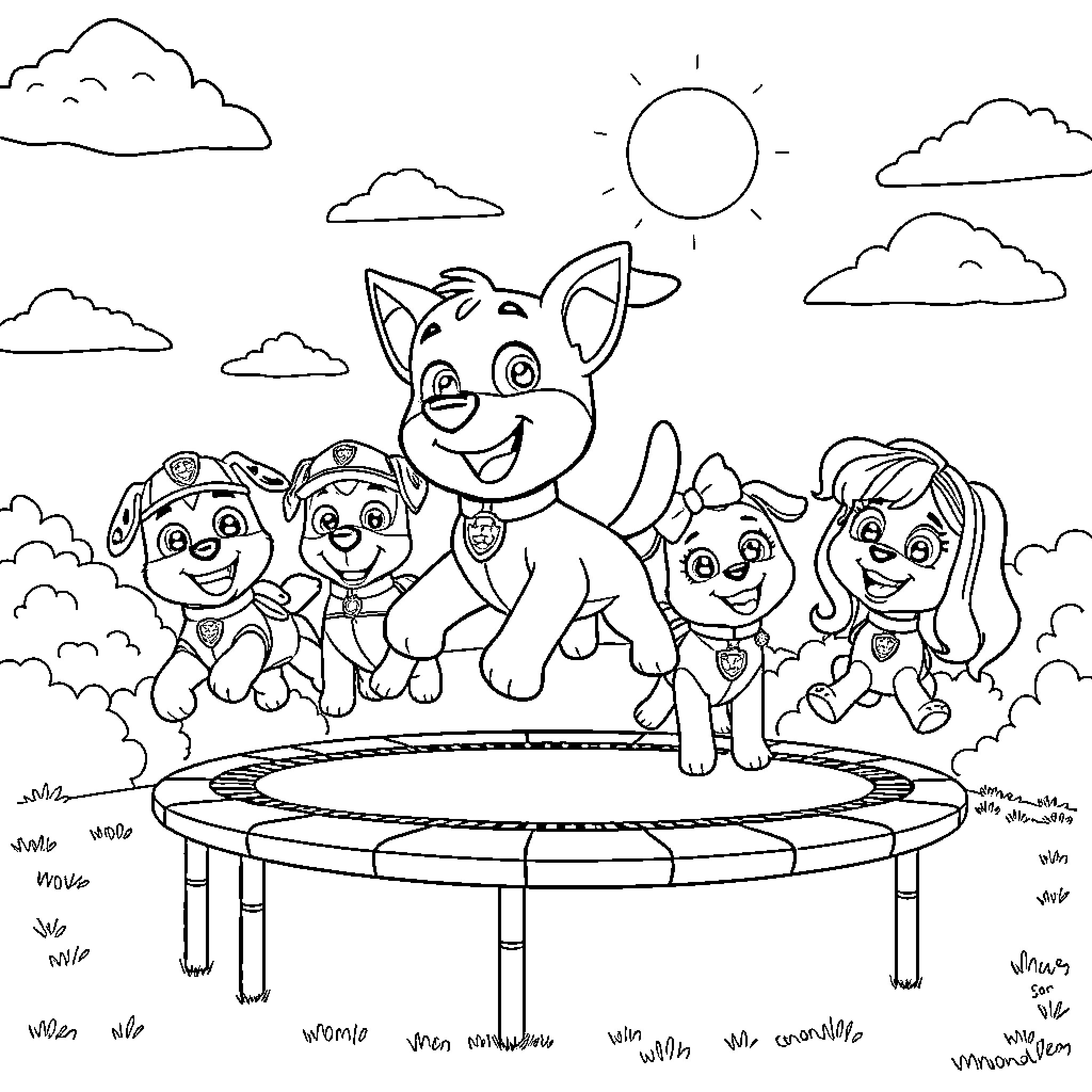 Bluey and friends playing happily on a trampoline Coloring Page (free black-and-white line drawing printable PDF for all, from beginners to advanced learners, including children, teens, adults, and seniors)