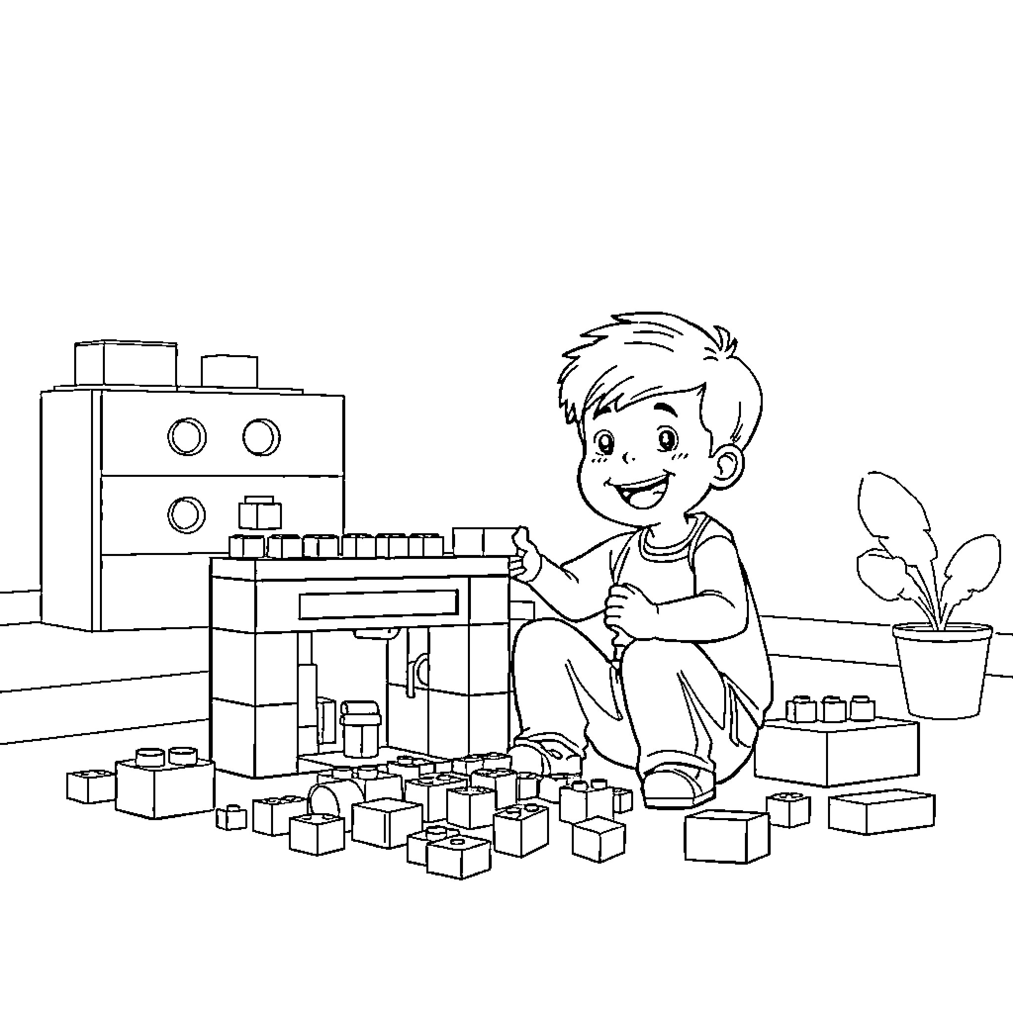 Boy playing with toy blocks in his room Coloring Page (free black-and-white line drawing printable PDF for all, from beginners to advanced learners, including children, teens, adults, and seniors)