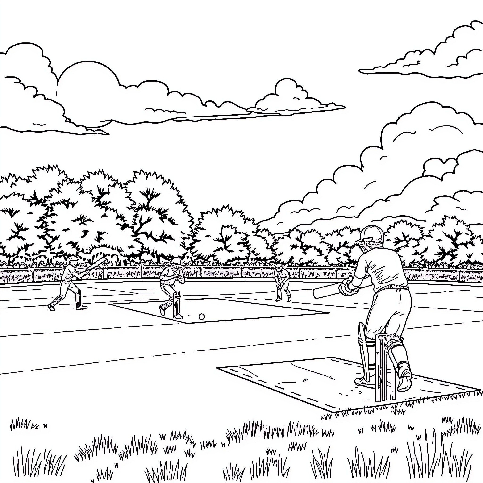 Cricket match on a sunny day Coloring Page (free black-and-white line drawing printable PDF for all, from beginners to advanced learners, including children, teens, adults, and seniors)