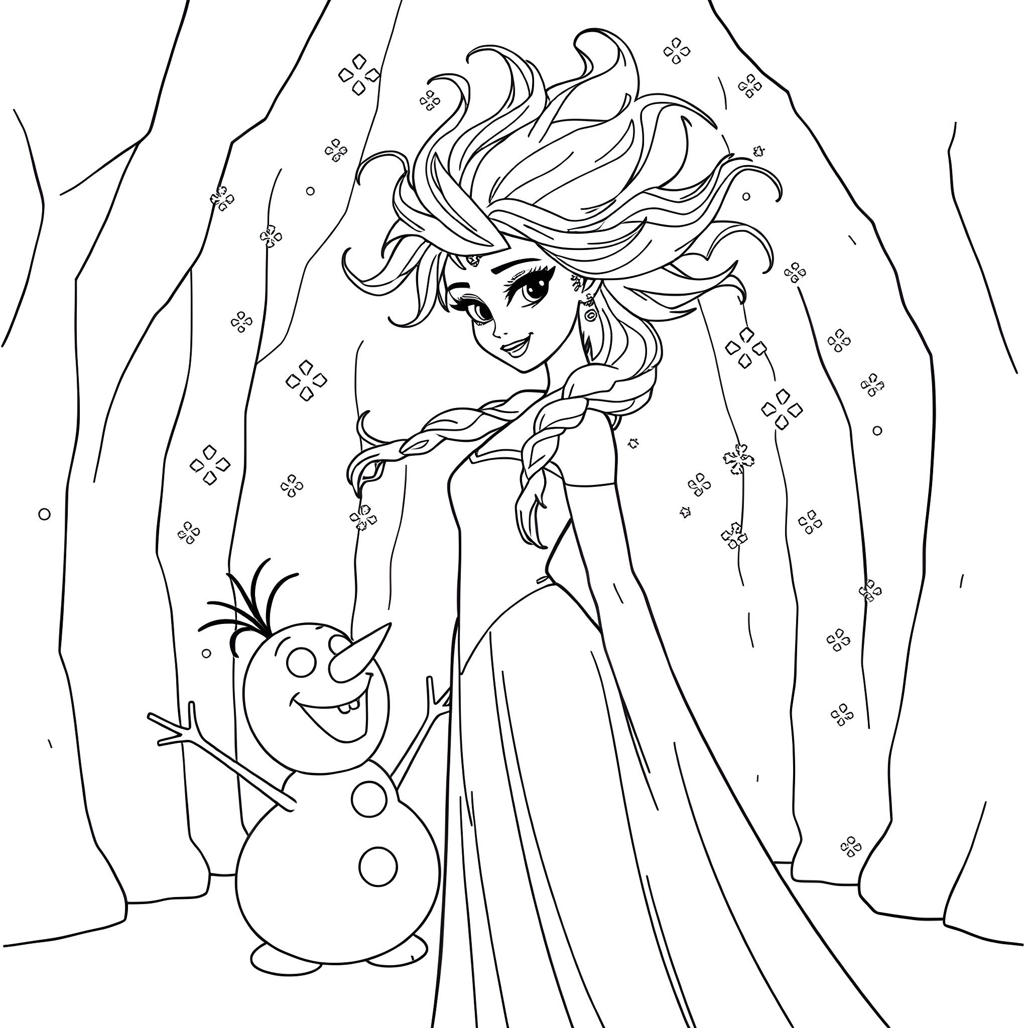 Elsa's Icy Adventure with Olaf Coloring Page (free black-and-white line drawing printable PDF for all, from beginners to advanced learners, including children, teens, adults, and seniors)