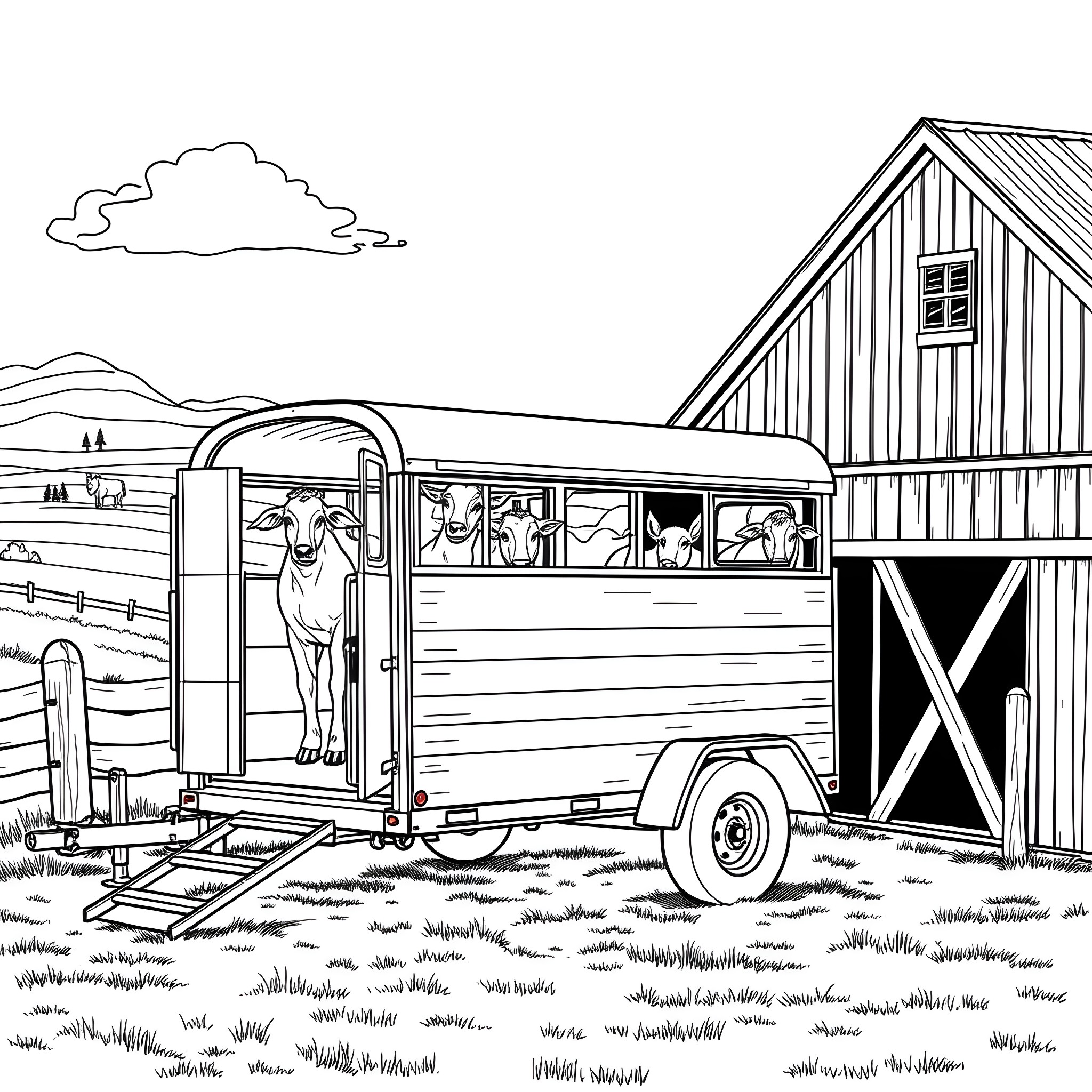 Livestock Trailer Transporting Farm Animals to a Barn Coloring Page (free black-and-white line drawing printable PDF for all, from beginners to advanced learners, including children, teens, adults, and seniors)