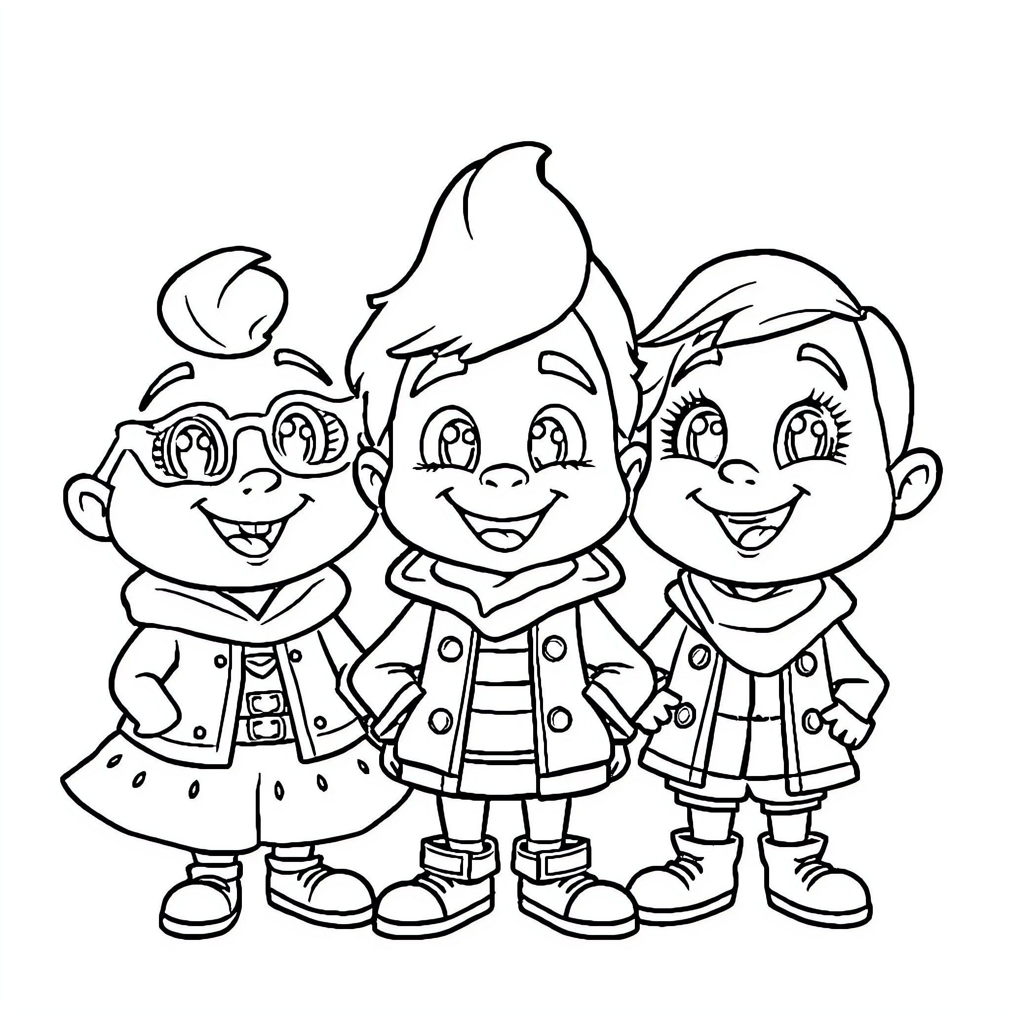 Macqueen trio of cheerful cartoon characters Coloring Page (free black-and-white line drawing printable PDF for all, from beginners to advanced learners, including children, teens, adults, and seniors)