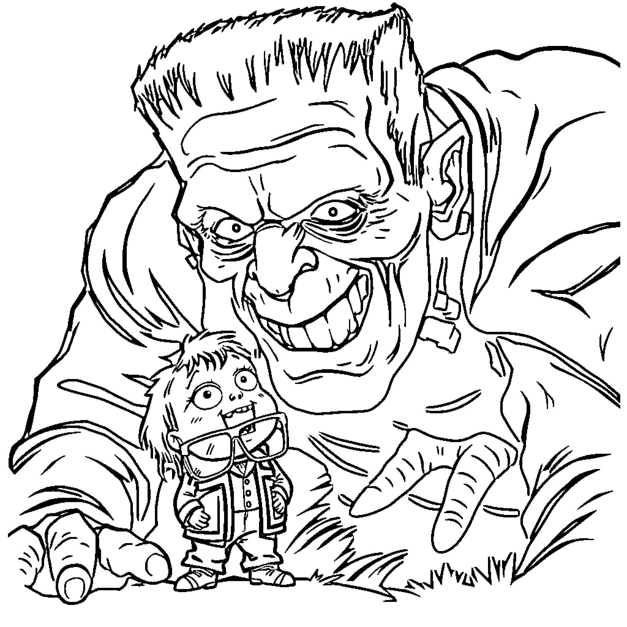 Frankenstein's Monster and His Creation in the Woods Coloring Page (free black-and-white line drawing printable PDF for all, from beginners to advanced learners, including children, teens, adults, and seniors)