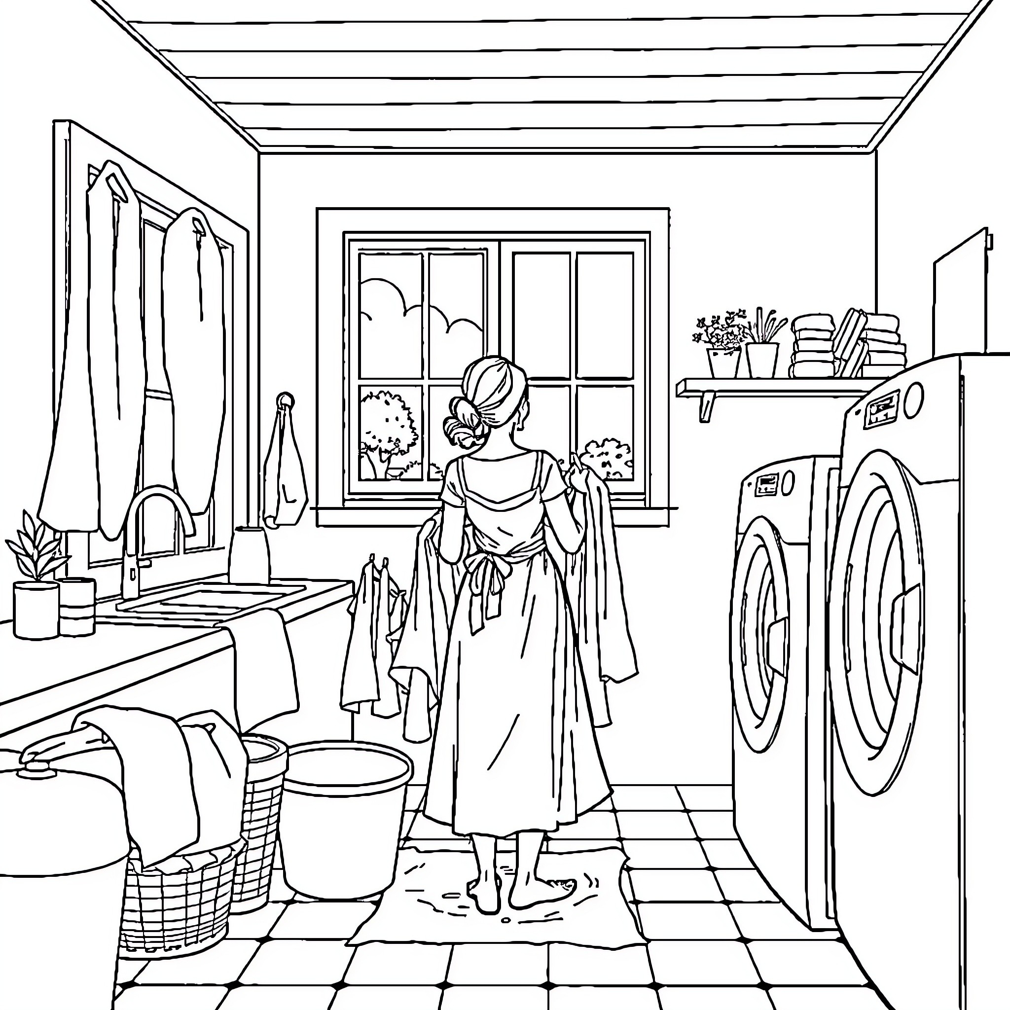 Lady washing clothes in the laundry room Coloring Page (free black-and-white line drawing printable PDF for all, from beginners to advanced learners, including children, teens, adults, and seniors)