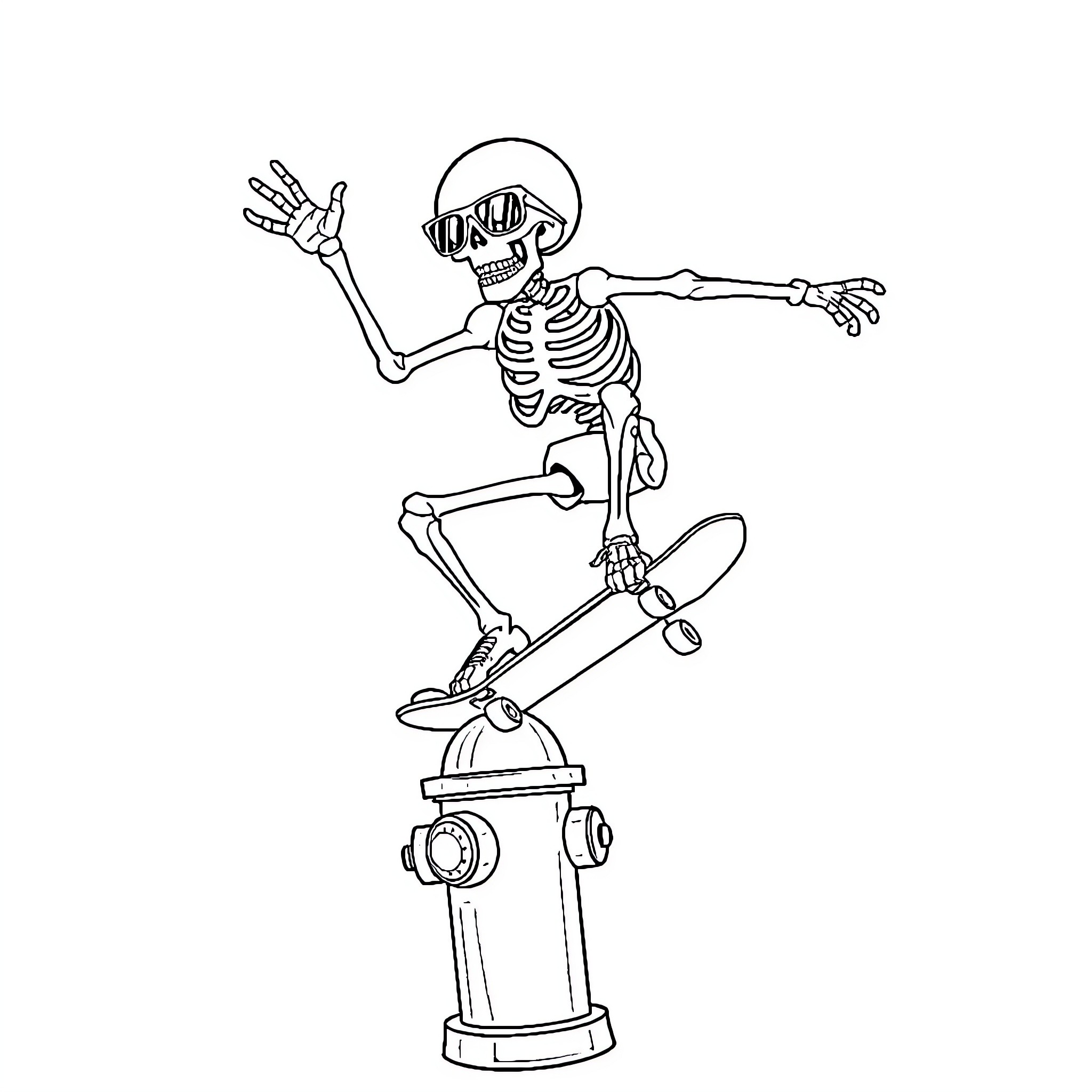 Skeleton skateboarding with flair Coloring Page (free black-and-white line drawing printable PDF for all, from beginners to advanced learners, including children, teens, adults, and seniors)