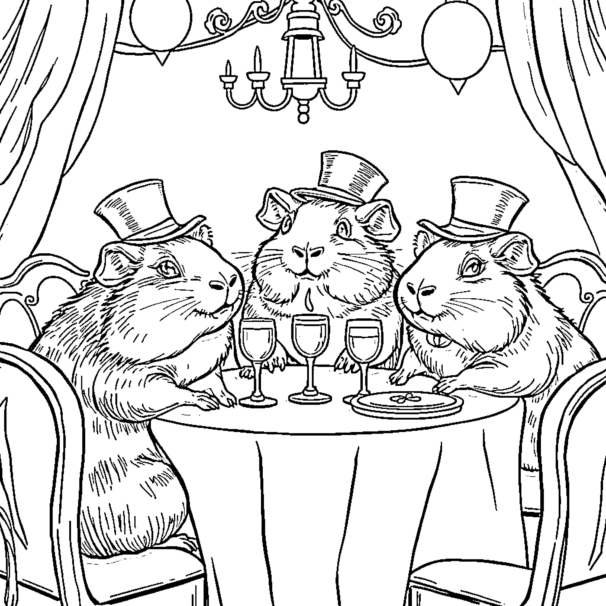 Guinea Pigs Enjoying a Formal Dinner Coloring Page (free black-and-white line drawing printable PDF for all, from beginners to advanced learners, including children, teens, adults, and seniors)