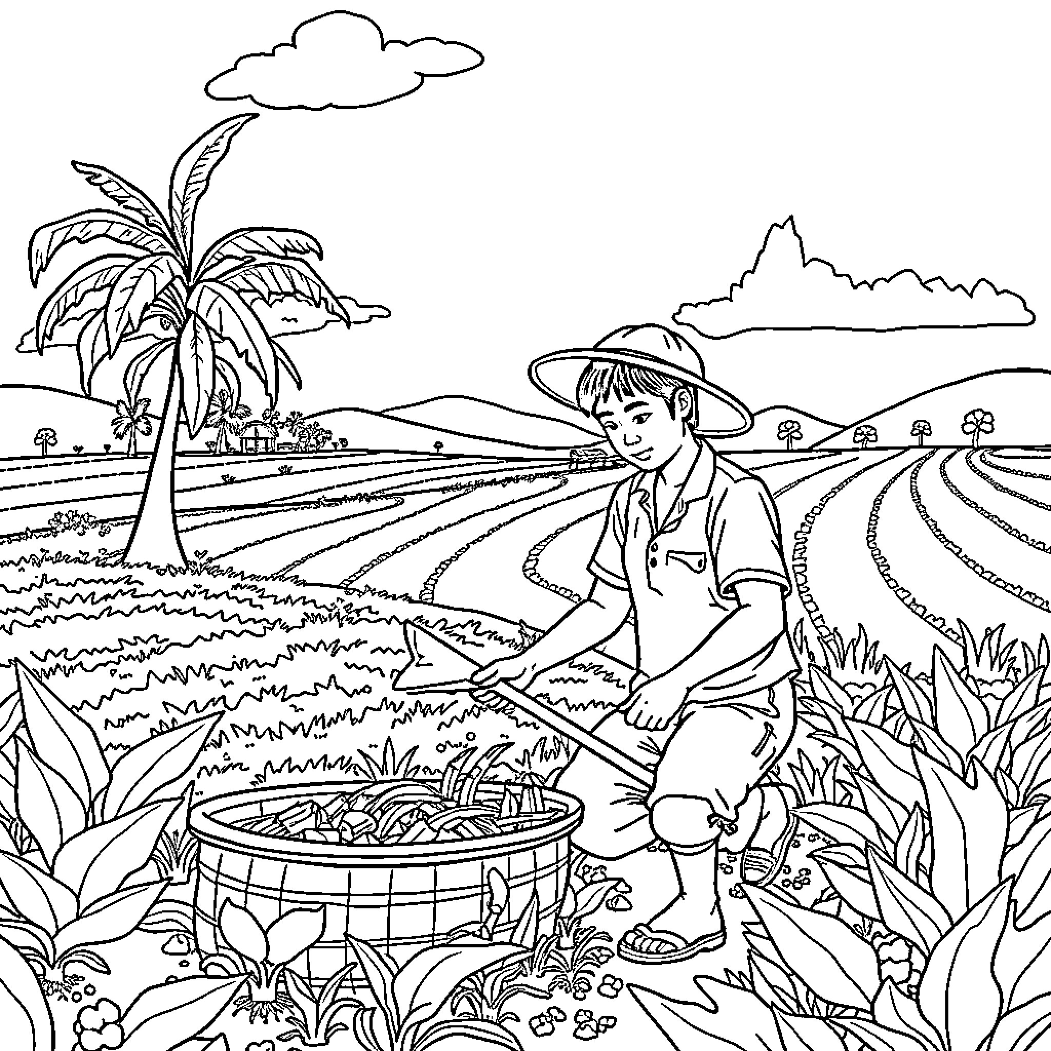Filipino farmer harvesting crops in lush countryside Coloring Page (free black-and-white line drawing printable PDF for all, from beginners to advanced learners, including children, teens, adults, and seniors)