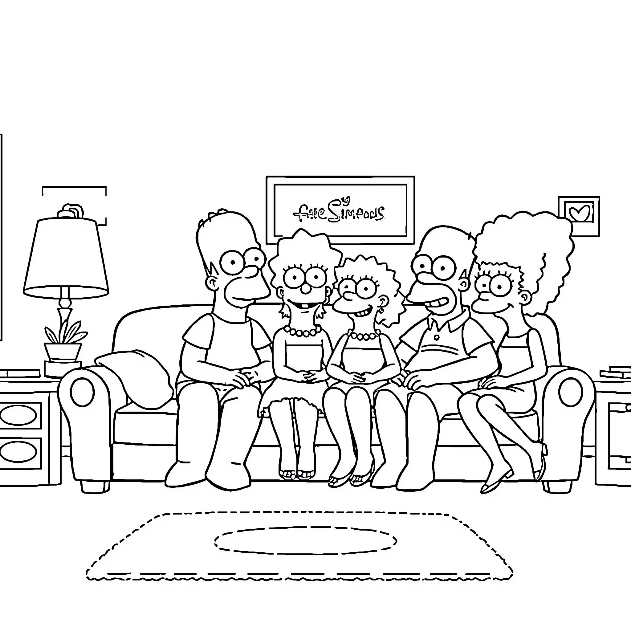 Simpson family watching TV in living room Coloring Page (free black-and-white line drawing printable PDF for all, from beginners to advanced learners, including children, teens, adults, and seniors)