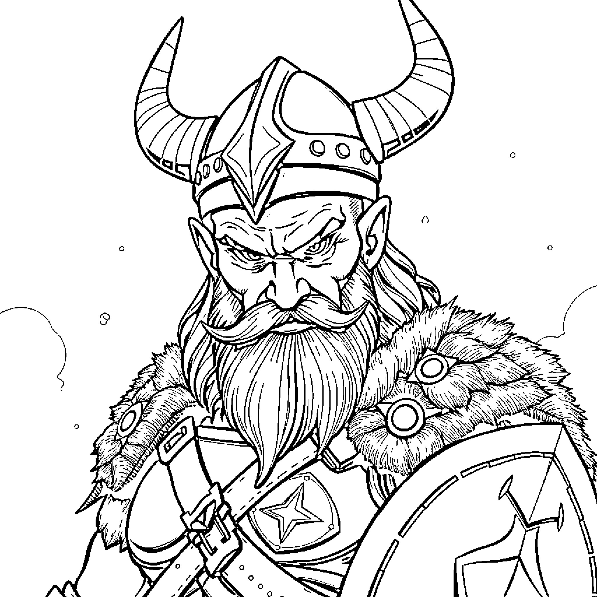 Vegeta the Fierce Viking Warrior Coloring Page (free black-and-white line drawing printable PDF for all, from beginners to advanced learners, including children, teens, adults, and seniors)
