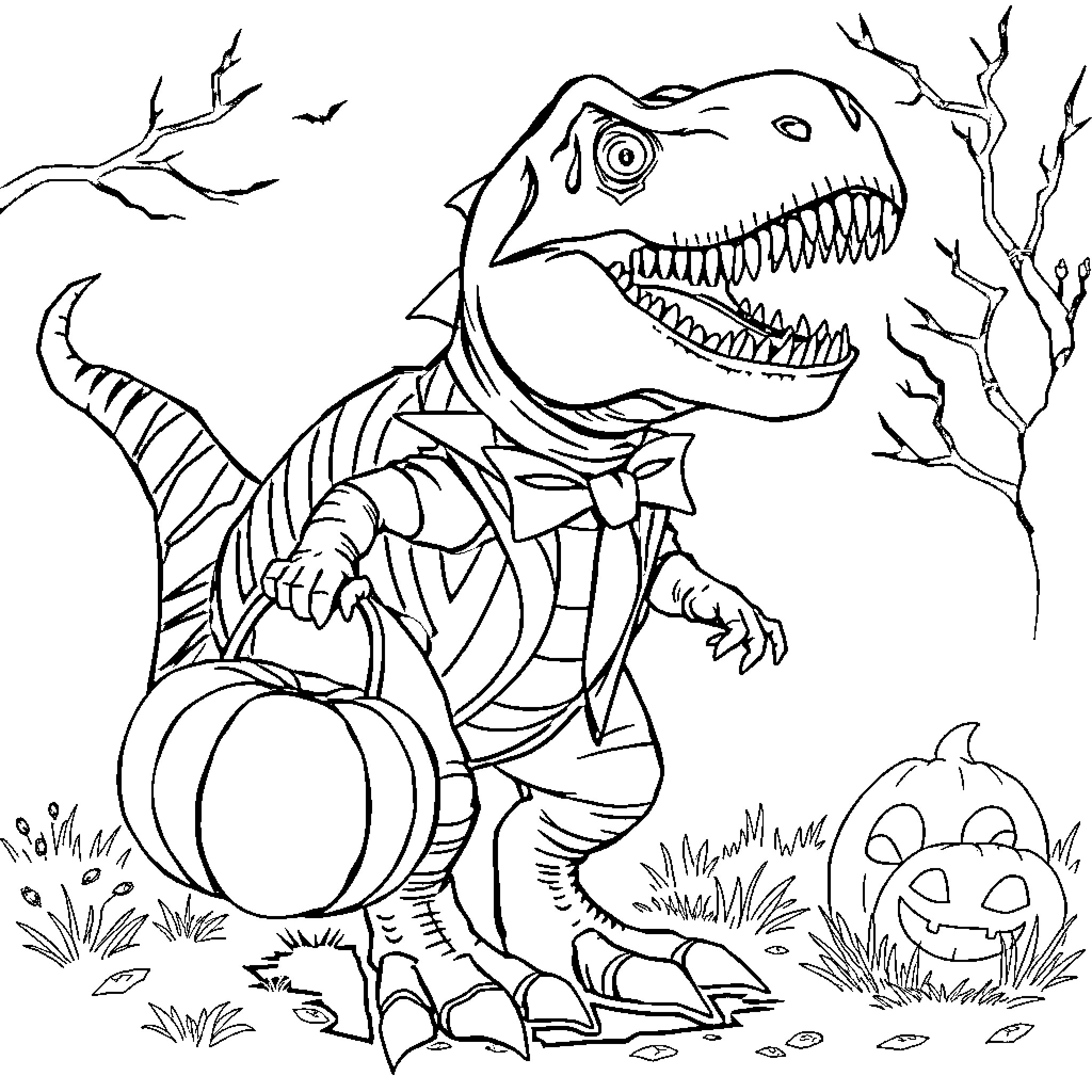 T-Rex Feasting on Pumpkins in Autumn Landscape Coloring Page (free black-and-white line drawing printable PDF for all, from beginners to advanced learners, including children, teens, adults, and seniors)