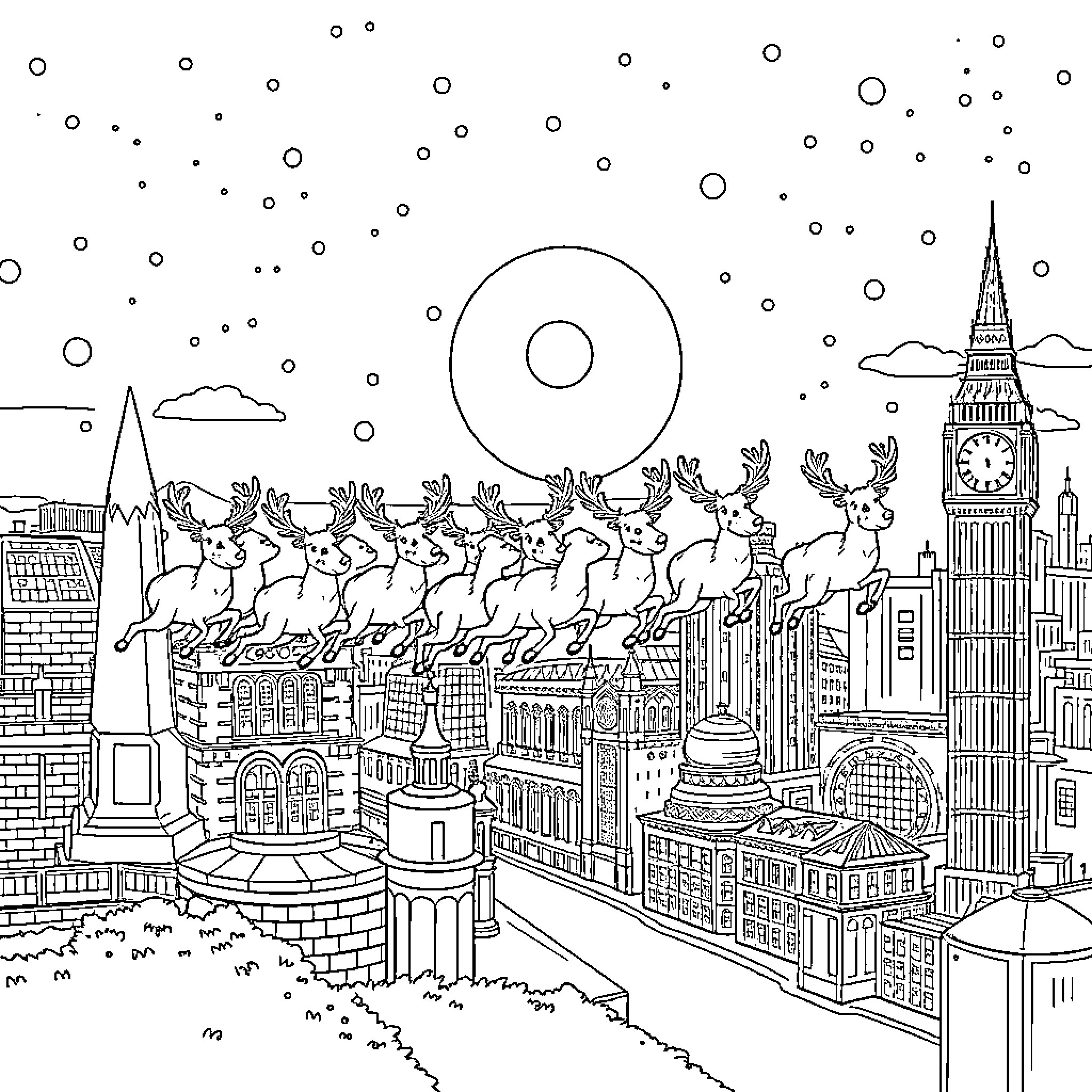 Baby Reindeer soaring over the cityscape at night Coloring Page (free black-and-white line drawing printable PDF for all, from beginners to advanced learners, including children, teens, adults, and seniors)