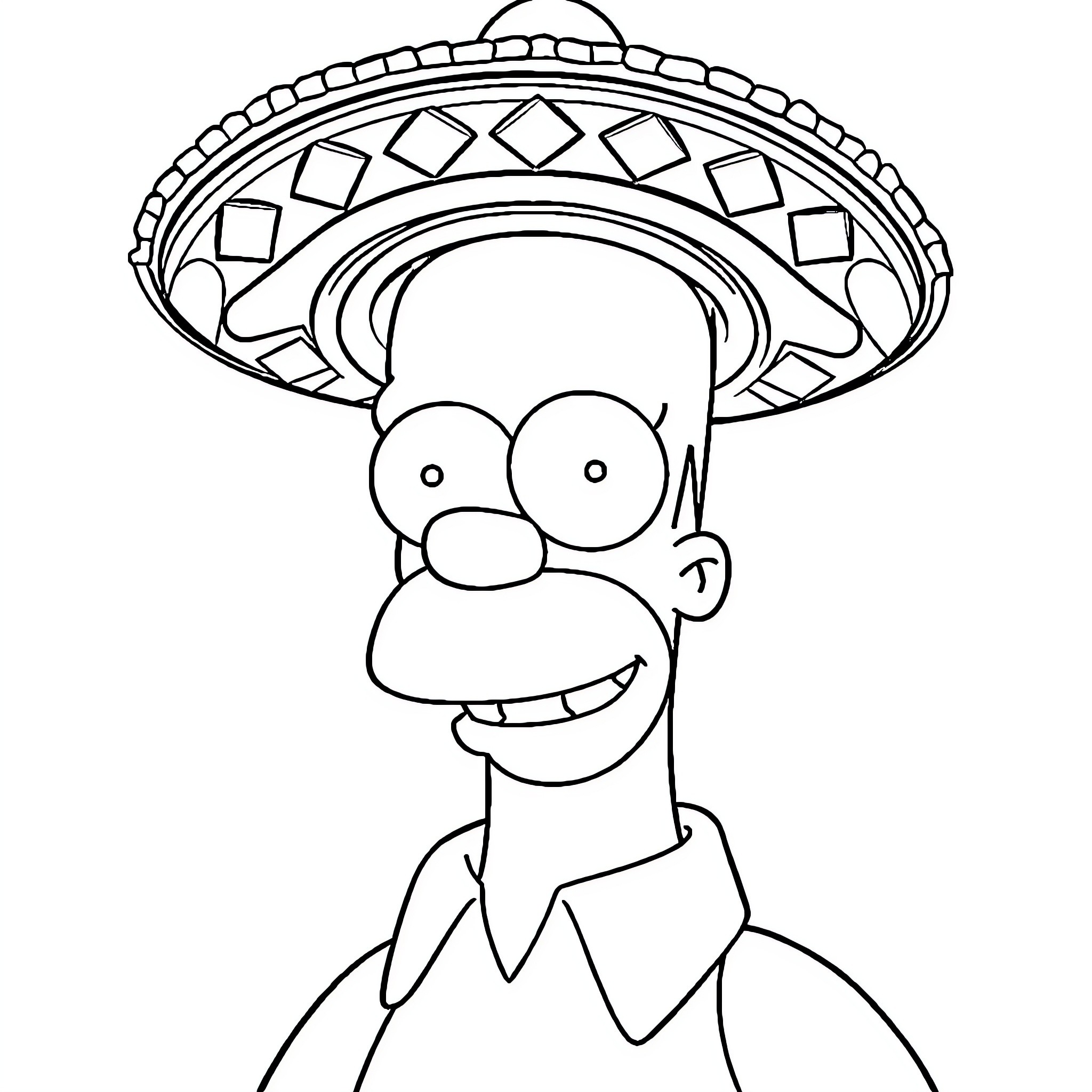 Homer Simpson wearing a Mexican sombrero hat Coloring Page (free black-and-white line drawing printable PDF for all, from beginners to advanced learners, including children, teens, adults, and seniors)
